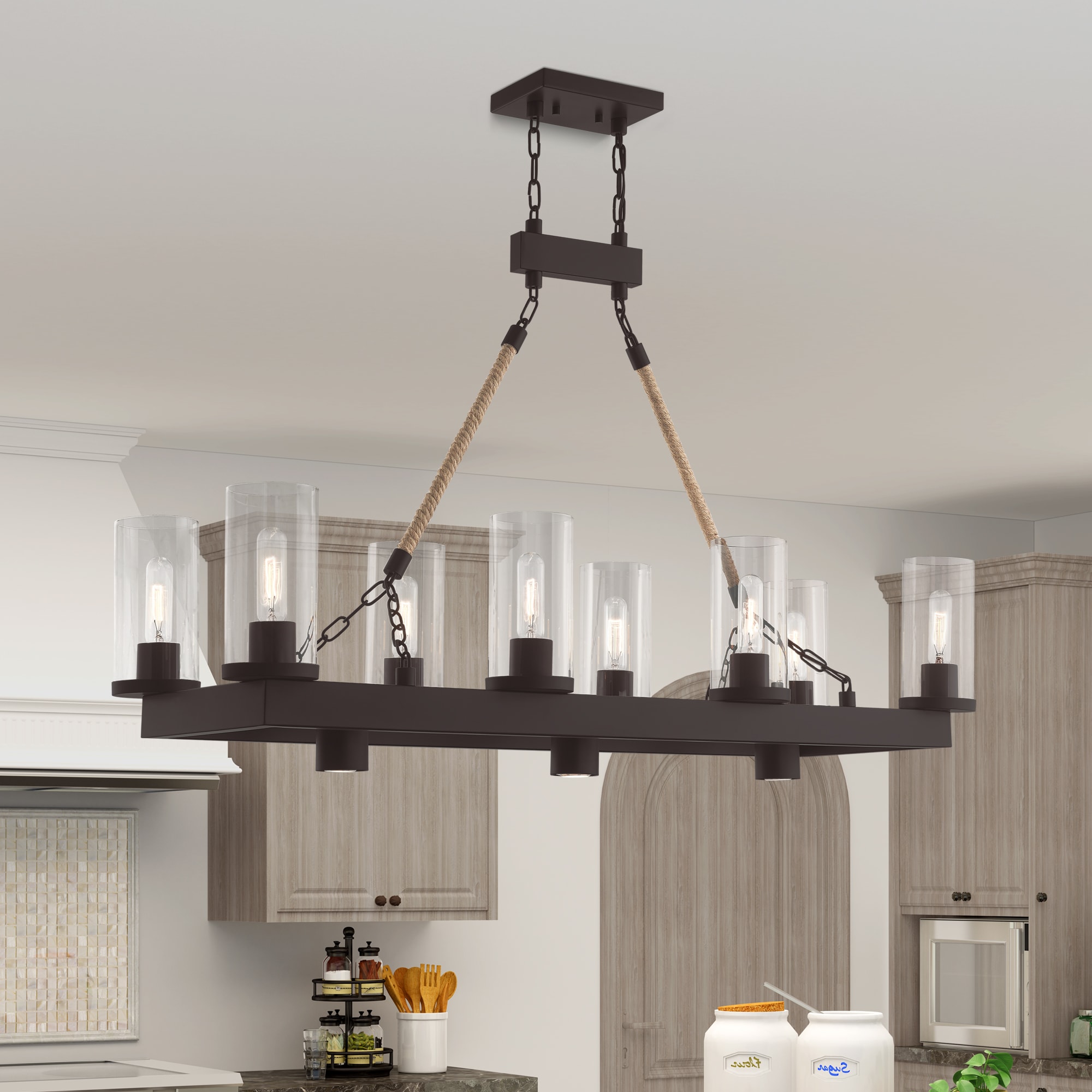 Metuchen Bronze Linear Chandelier with Clear Glass and Rope Detail, 11-Light