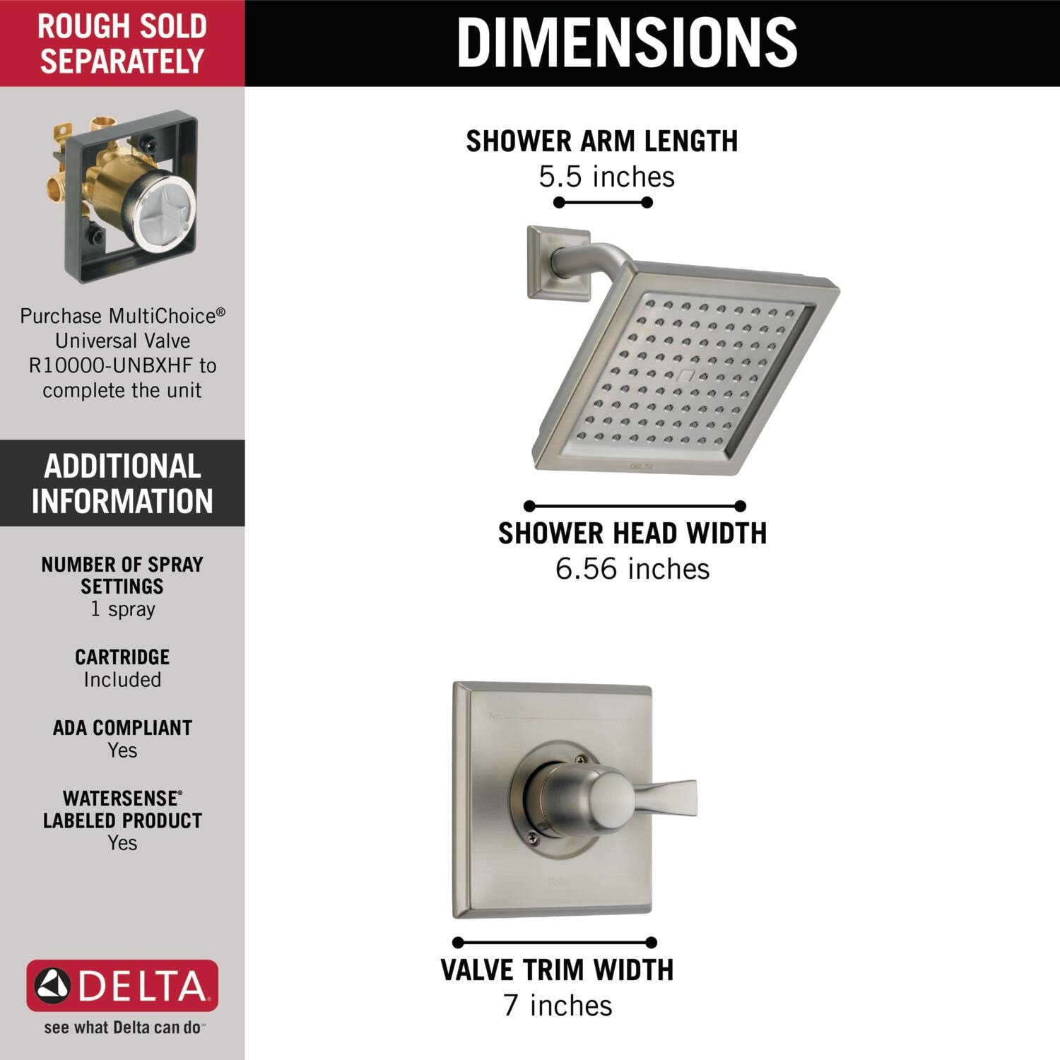 Delta Dryden Stainless 1 Handle Single Function Square Shower Faucet In