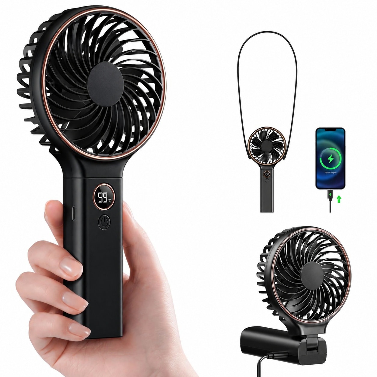 Phewnyzo  Handheld Portable Fan Foldable Mini Travel Fan with LED Display 6 Speed Ultra Quiet Personal Fan Backup Power for Home Office Camping