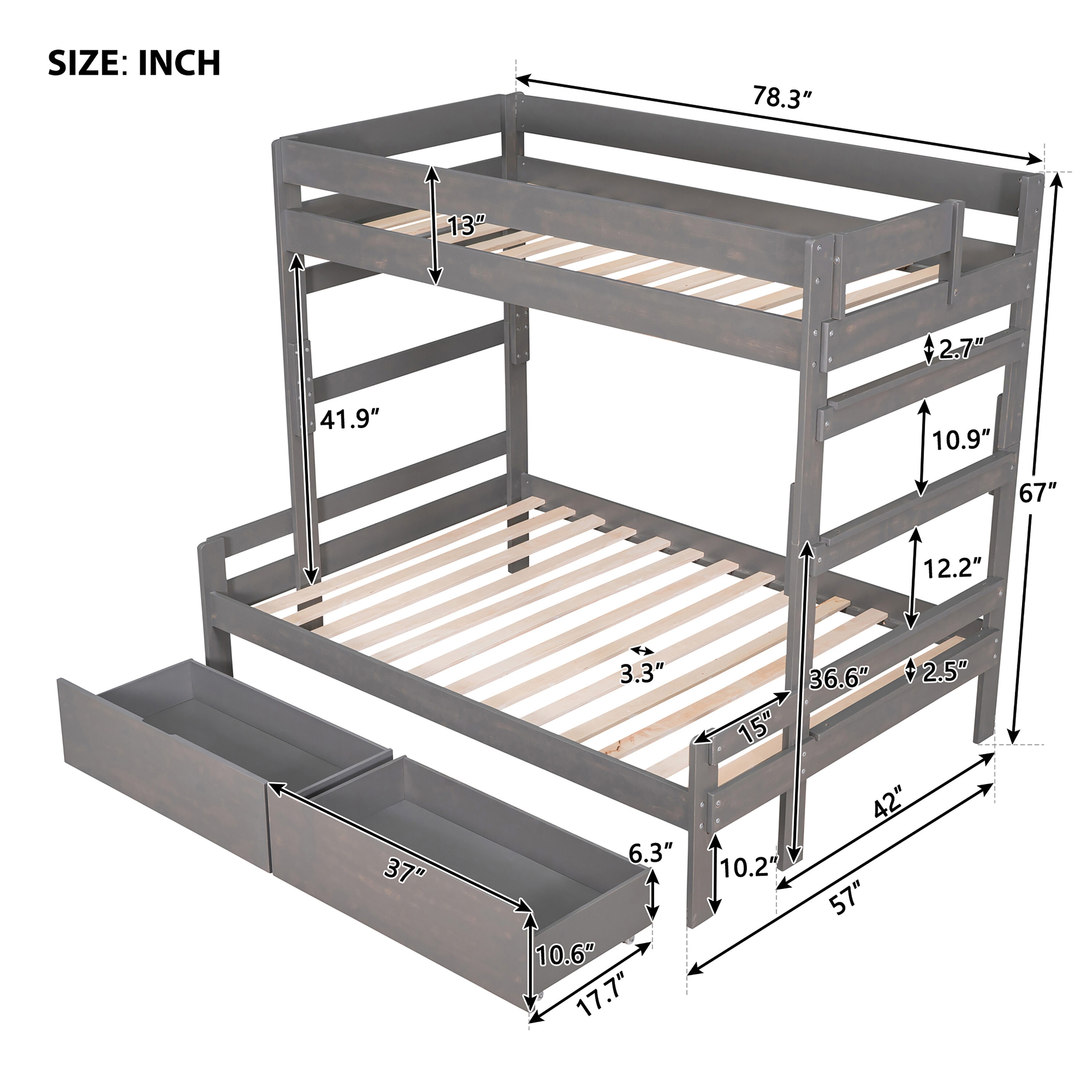 ModernLuxe Contemporary Twin over Full Bunk Bed with Drawers, Gray ...