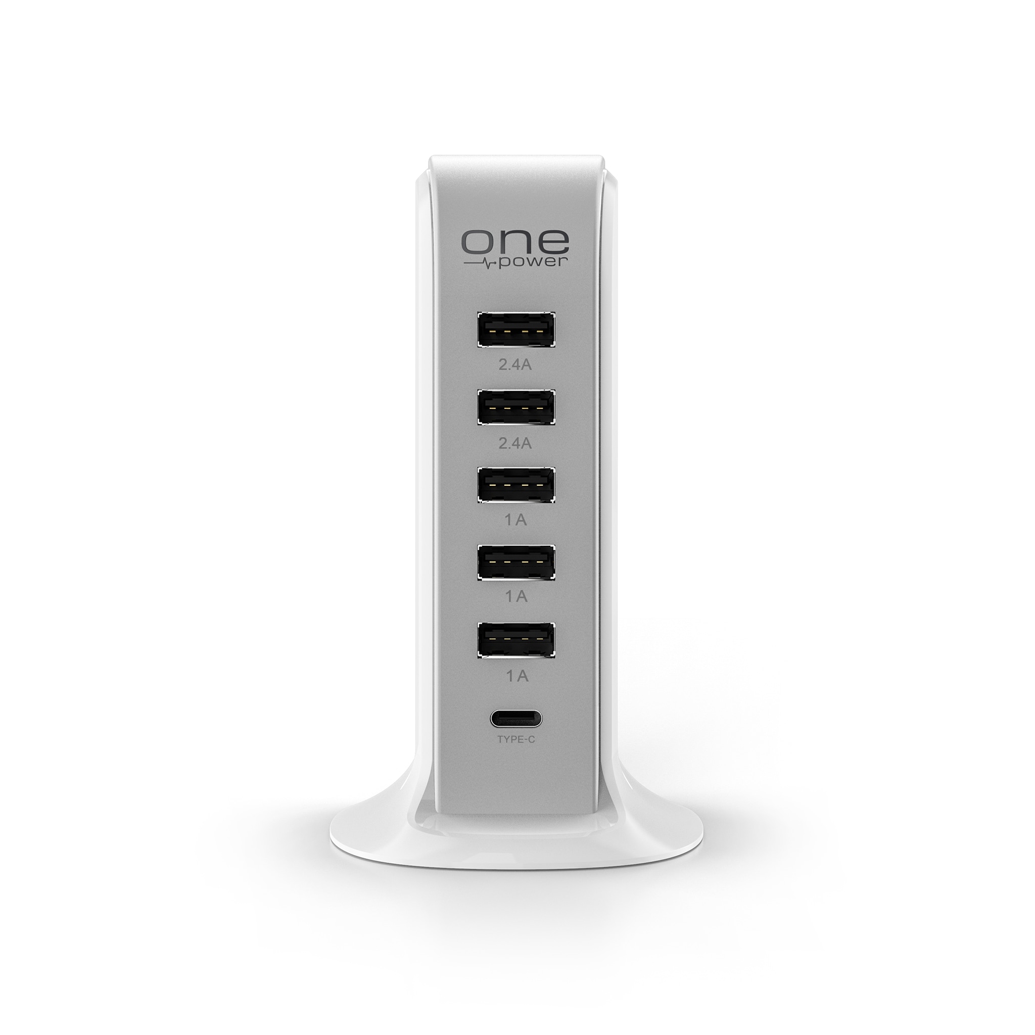 Promounts 5 USB-A 1 USB-C Charging Station by One Power - White, 5 USB Ports, 2.4 Amp High Speed Charging, Compatible with Samsung, Apple, Android
