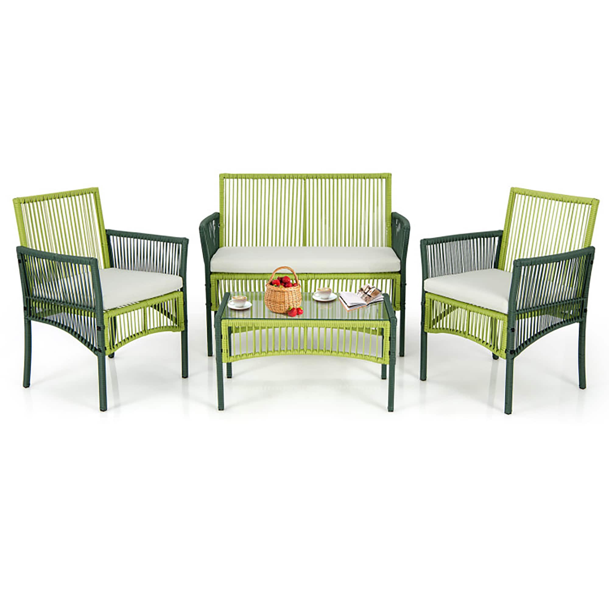 CASAINC BH-WF190610AAA 4 -Piece Rattan Patio Conversation Set with White Cushions