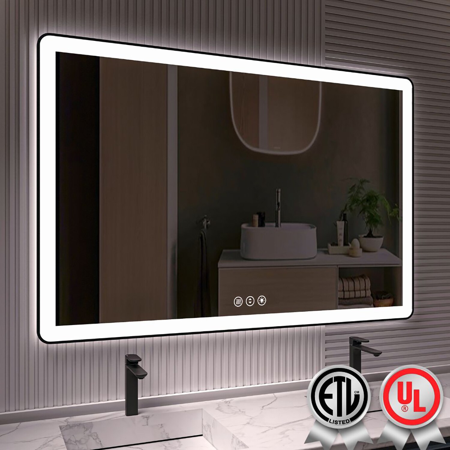 waterpar WPLO-2479 60-Inches x 40-Inches Polished Rectangle Dimmable Lighted Fog Free Bathroom Vanity Mirror ( Black )