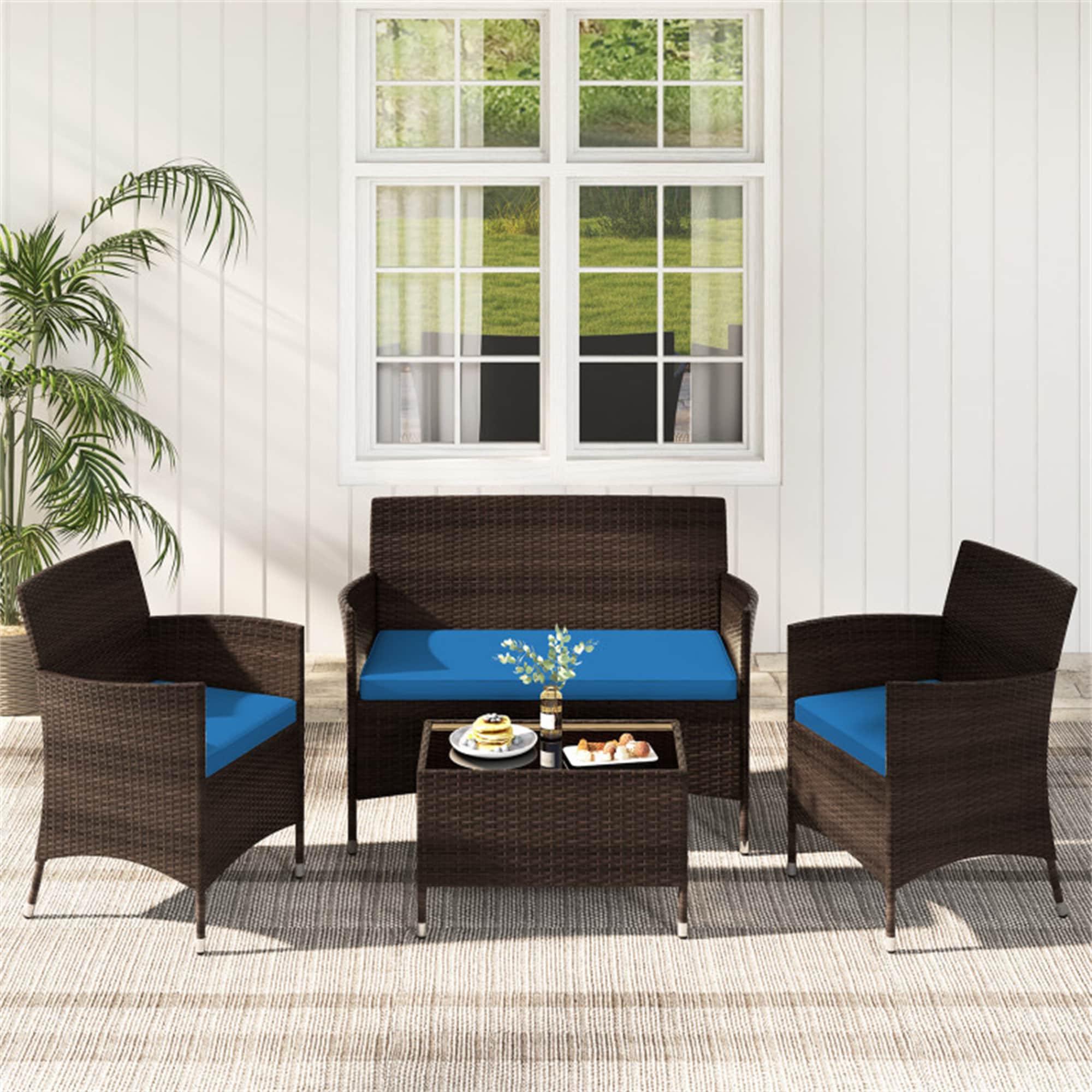 BABOOM BOM-67772PB-CO Outdoor Furniture Set 4 -Piece Rattan Patio Conversation Set with Blue Cushions