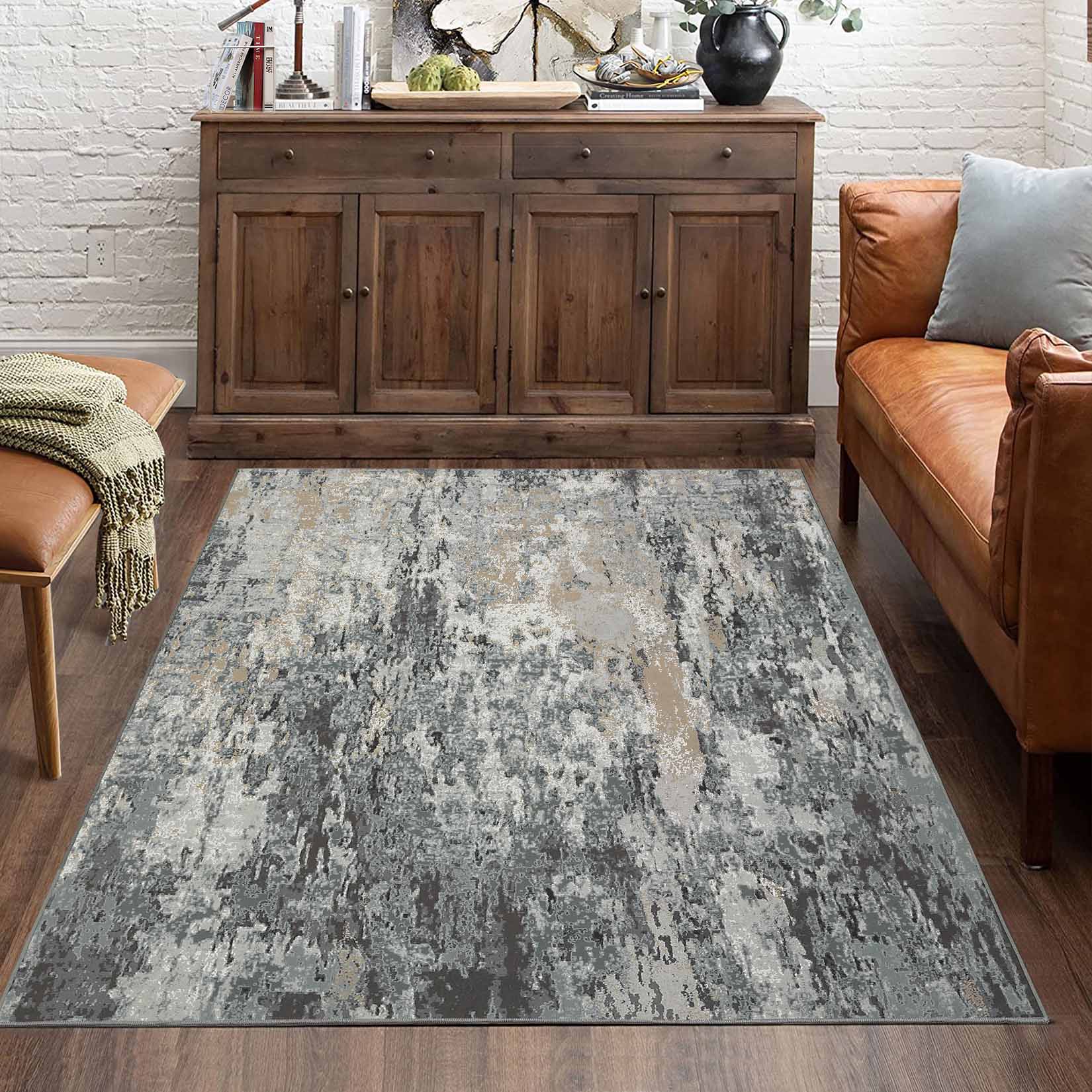 Garvee YXY-LO-PHO-12ZQONRF 4 x 6 (ft) Loomed Polyester Gray Rectangular Indoor Abstract Mid-Century Modern Machine washable Area rug