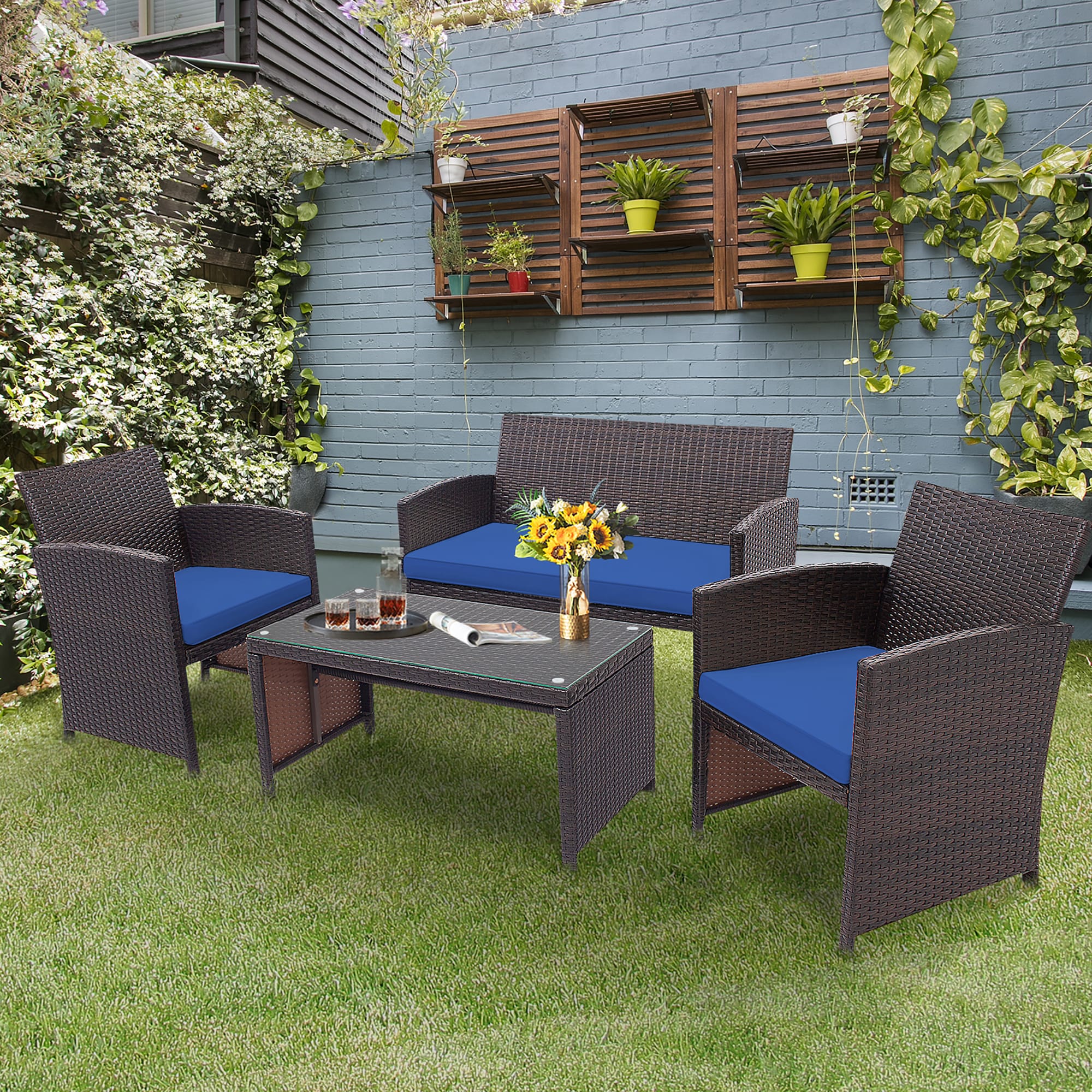 Costway HW67934NY 4PCS Patio Rattan Furniture Set Cushioned Chair Sofa Coffee Table Navy