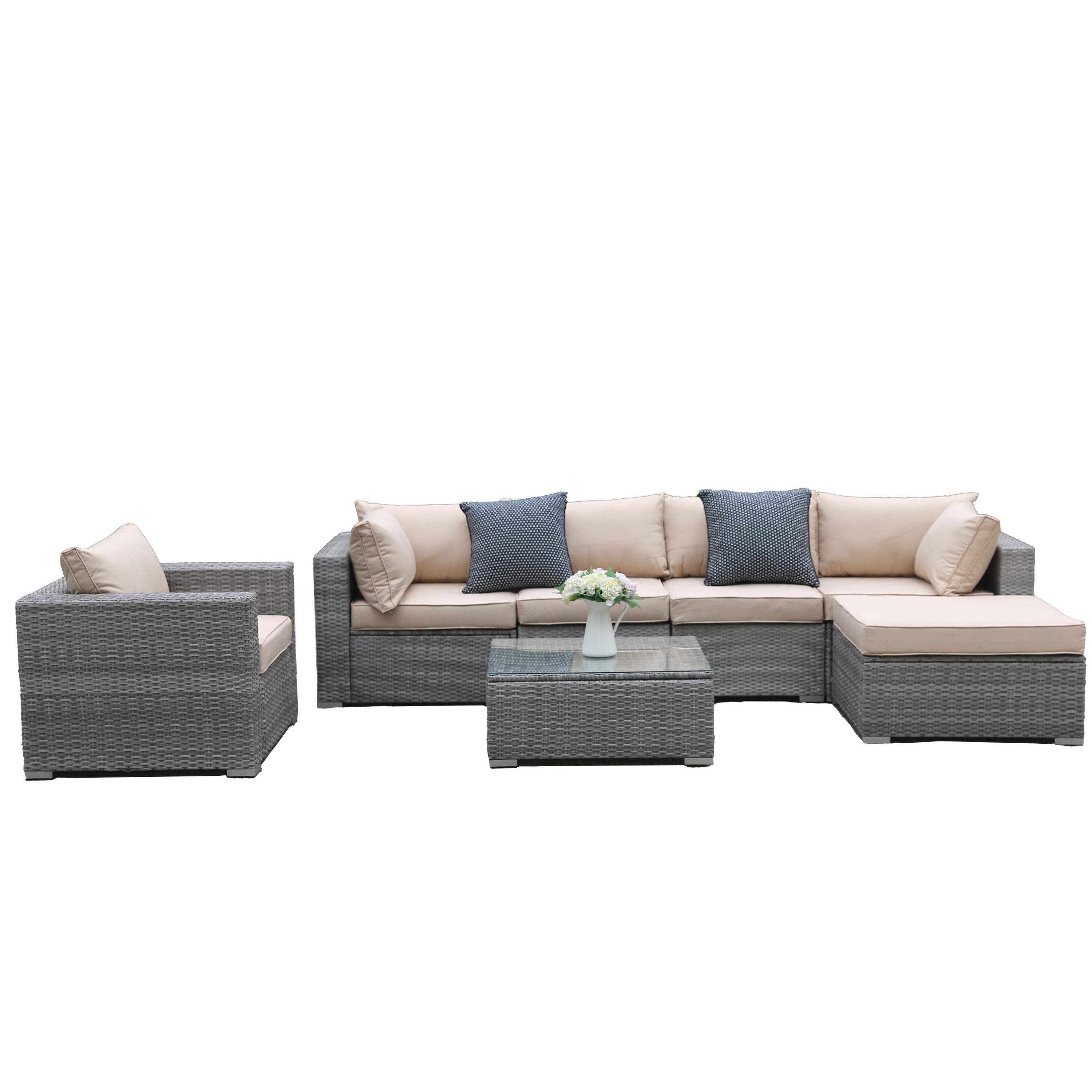 Bayfeve BFDS-26120005 7-Piece All-Weather Patio Conversation Set Wicker Furniture Set Outdoor Rattan Sectional Sofa with Tempered Glass Table