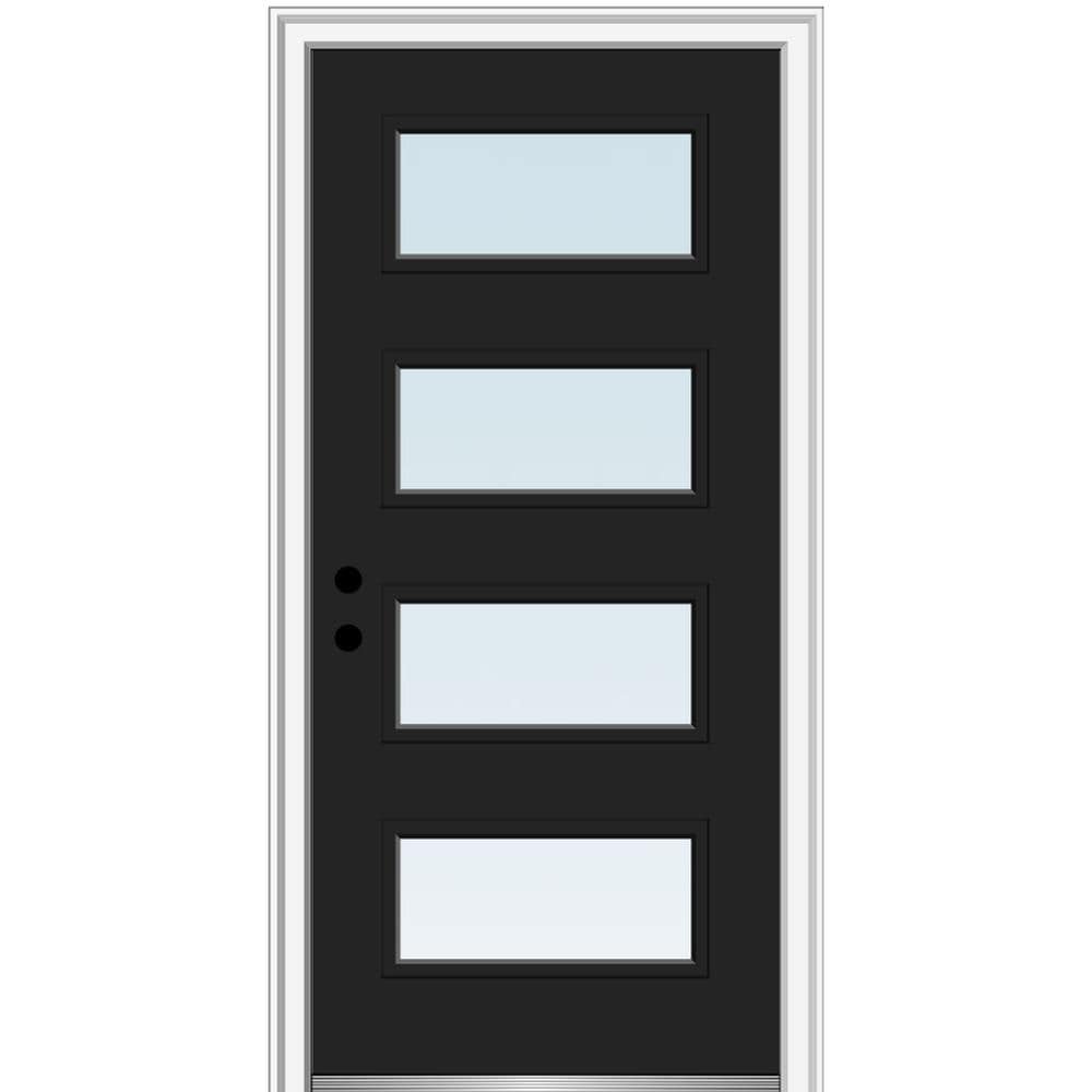 MMI DOOR ZZ345609R Spotlights 32-in x 80-in x 4-9/16-in Fiberglass Pulse lite Right-hand inswing Black Painted Prehung Front Door with Brickmould Insulating core
