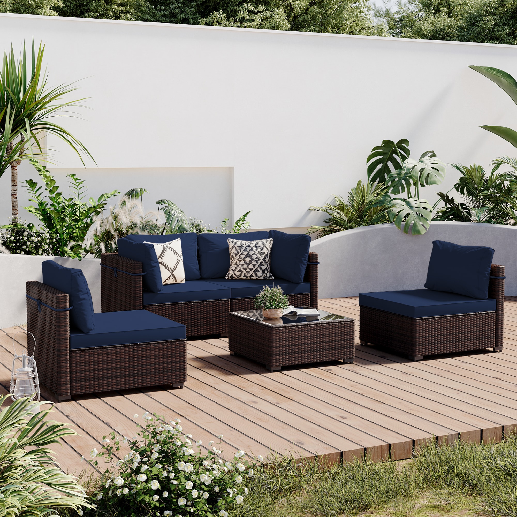Patio Watcher RT-OD5-B-NABLUE 5 -Piece Rattan Patio Conversation Set with Blue Cushions