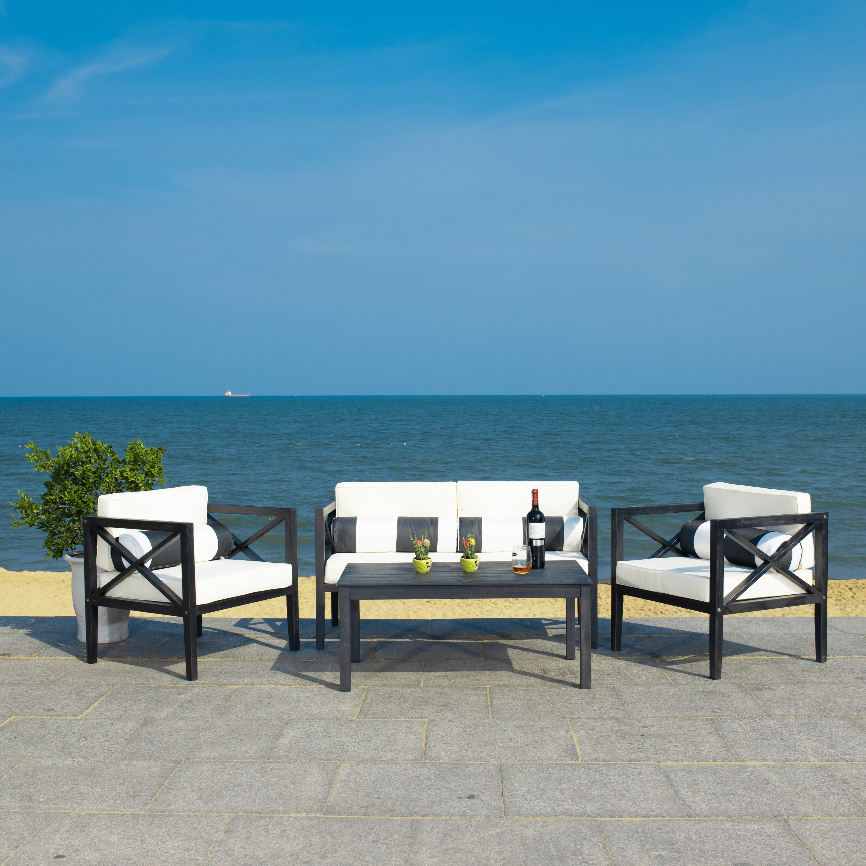 Safavieh PAT7031G Nunzio 4 -Piece Patio Conversation Set with Off-white SAFAVIEH Cushions
