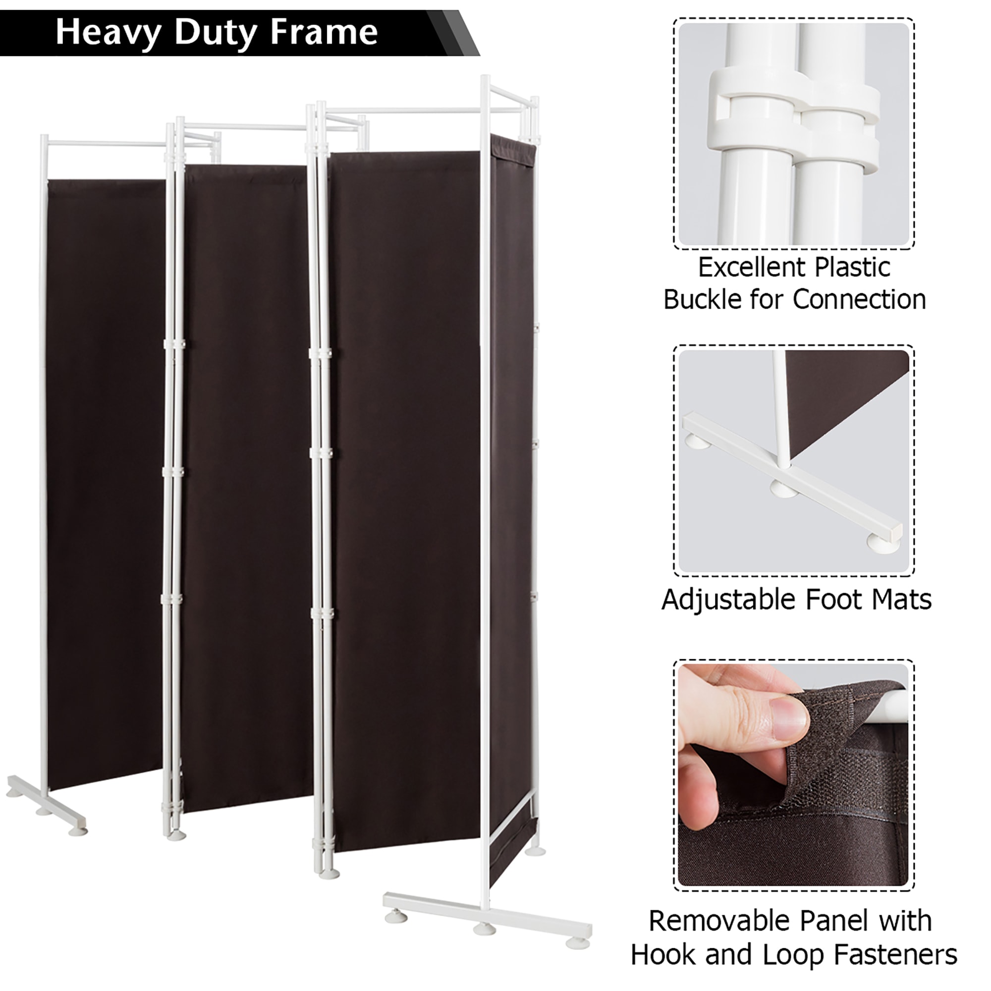 Brown Polyester 6-Panel Folding Room Divider with Steel Frame