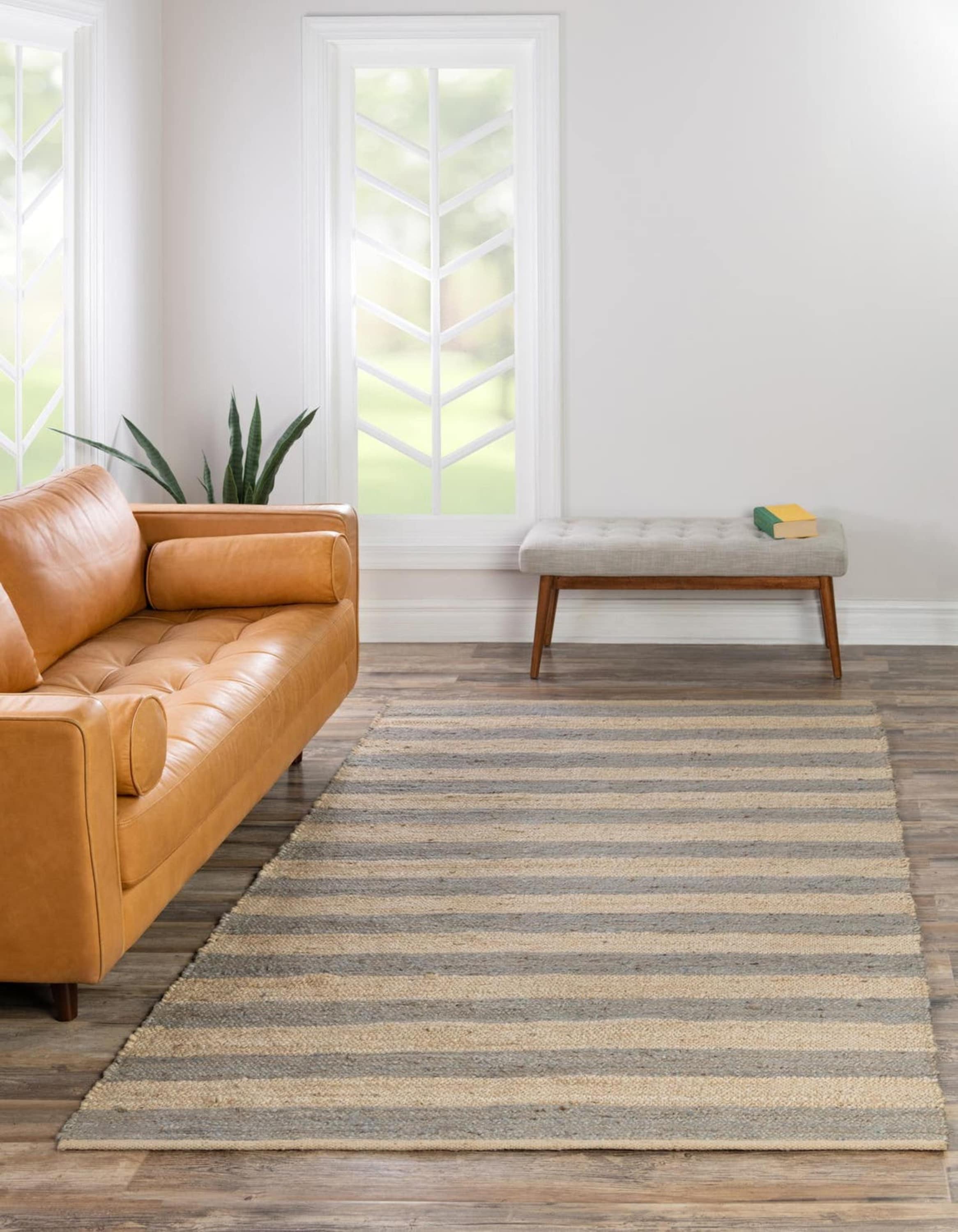 Unique Loom 3190267 Braided Jute 5 x 8 (ft) Braided Jute Gray Ivory Rectangular Indoor Stripe Area rug