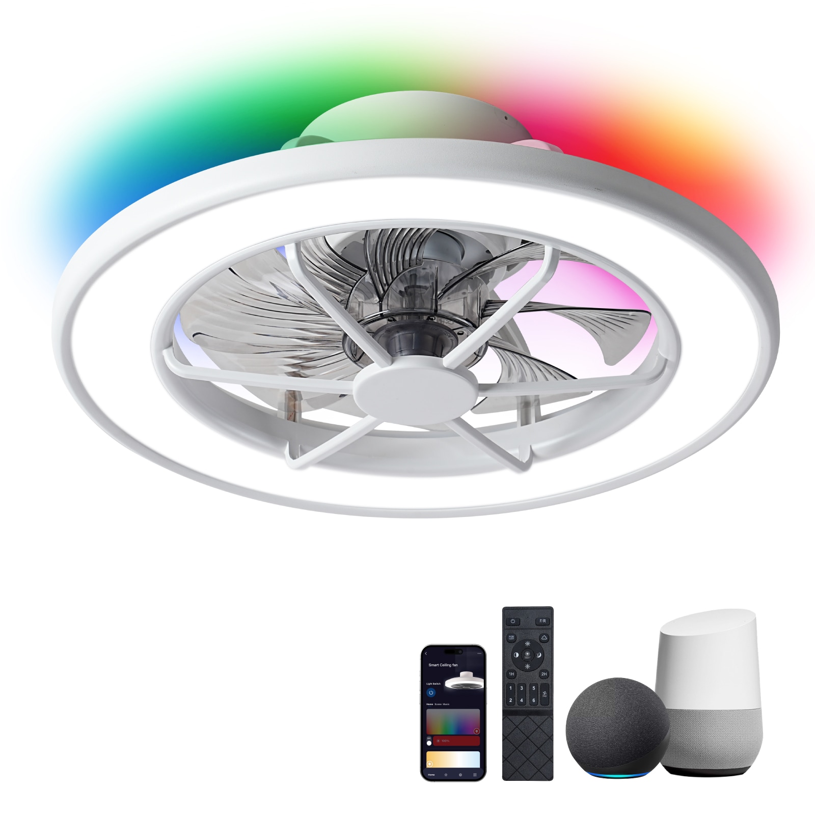 ocioc OC18-WE-8X-M1 Modernner 18-in Color-Changing Integrated LED Flush Mount Matte White with Transparent plastic Blades Fandelier Ceiling Fan With Light - Remote Included ( 8 -Blade )