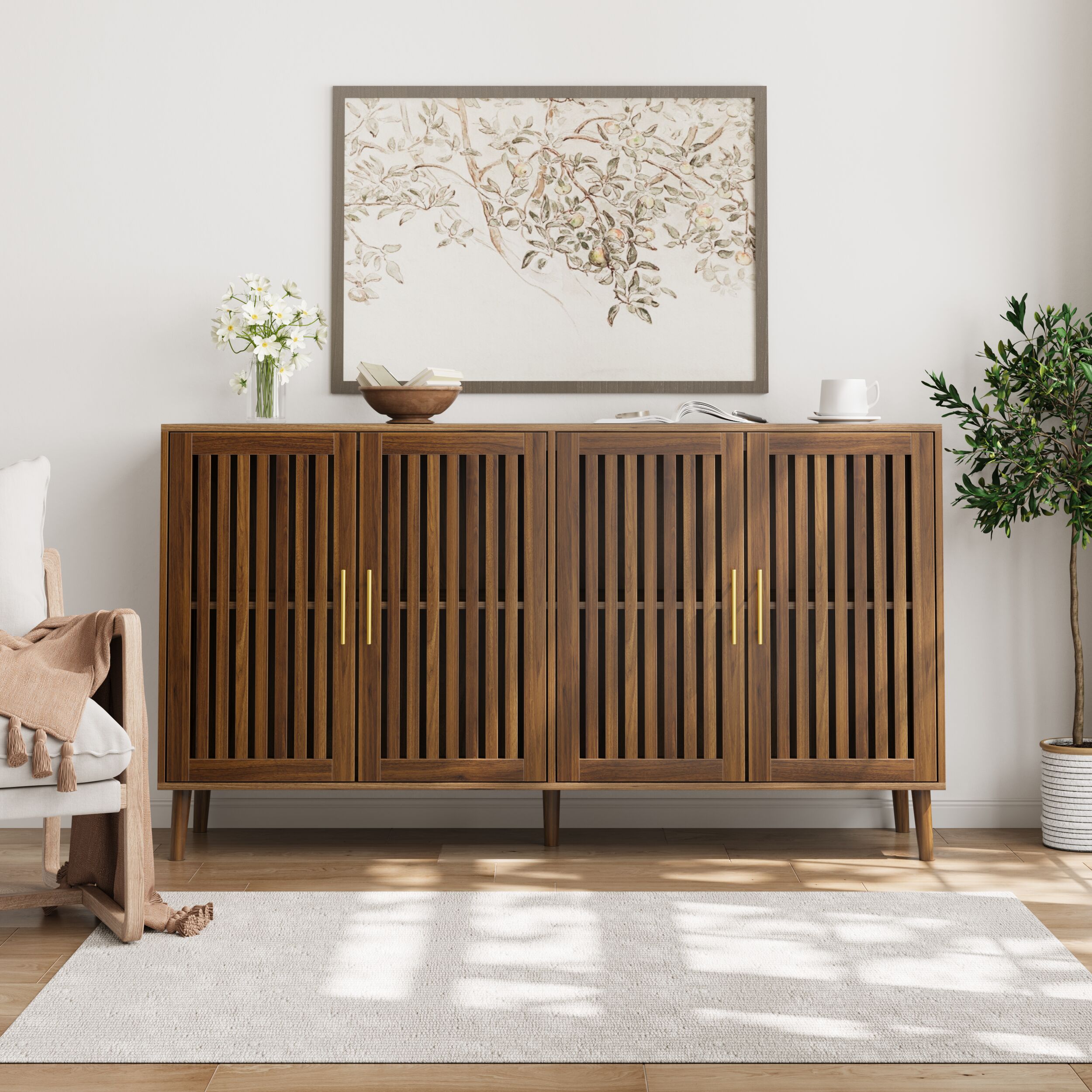 Tinyhomie 63 Inch Walnut Sideboard Buffet Cabinet with Storage 4 Door ...