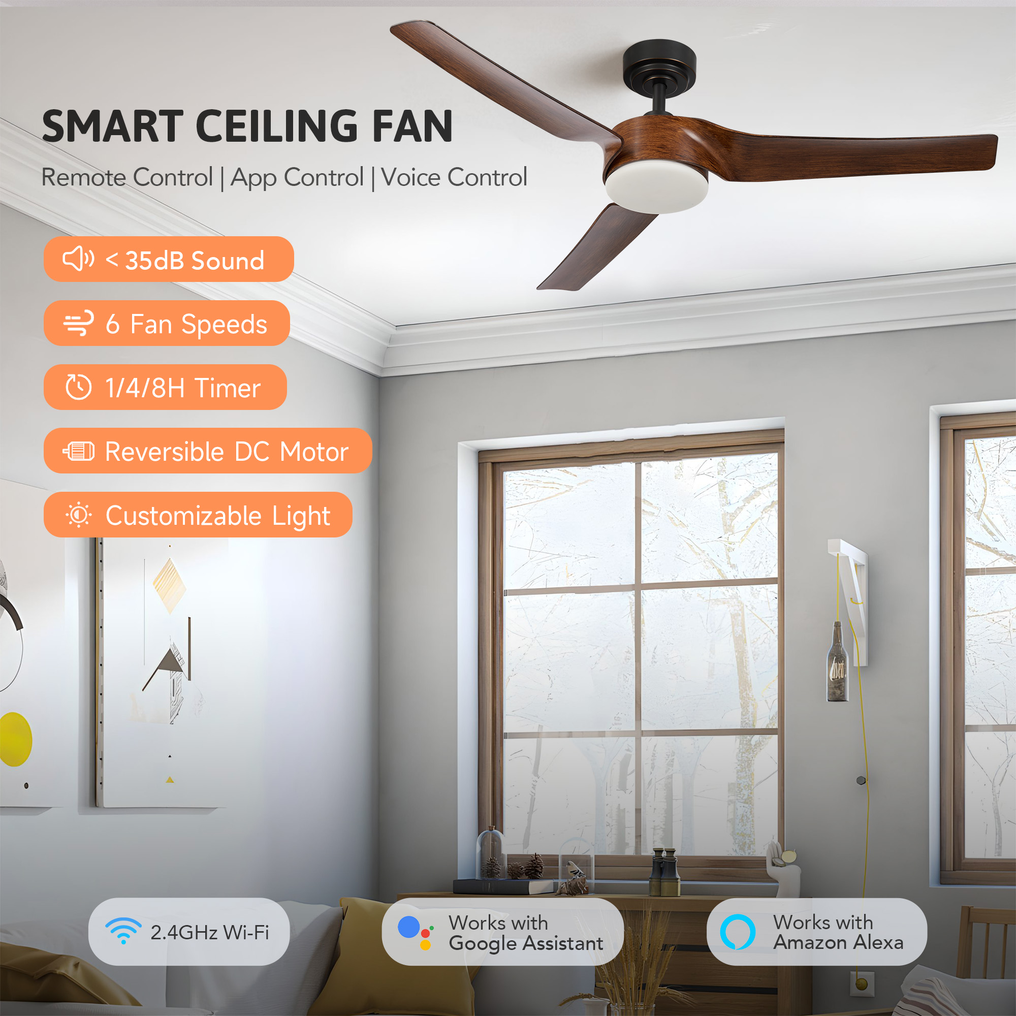 CO-Z 52-in Brown with Polished Blades Integrated LED Indoor Smart Propeller Ceiling Fan with Light and Remote (3-Blade) CFN-1304-DK Sansujyuku sansujyuku.com