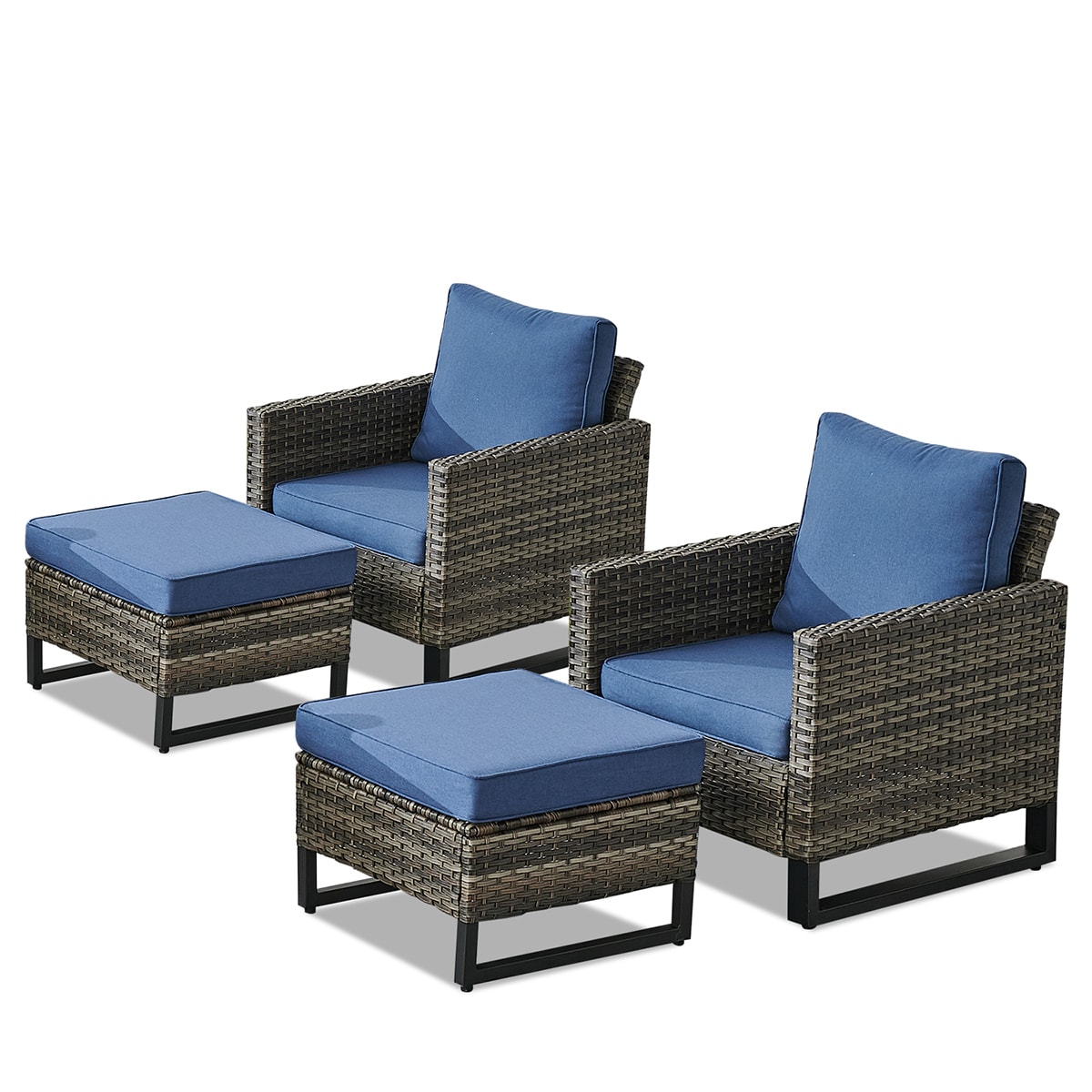Rilyson FS063097-1 U-FEET Set of 2 Wicker Gray Wicker Frame Stationary Conversation Chair with Gray Blue Cushioned Seat
