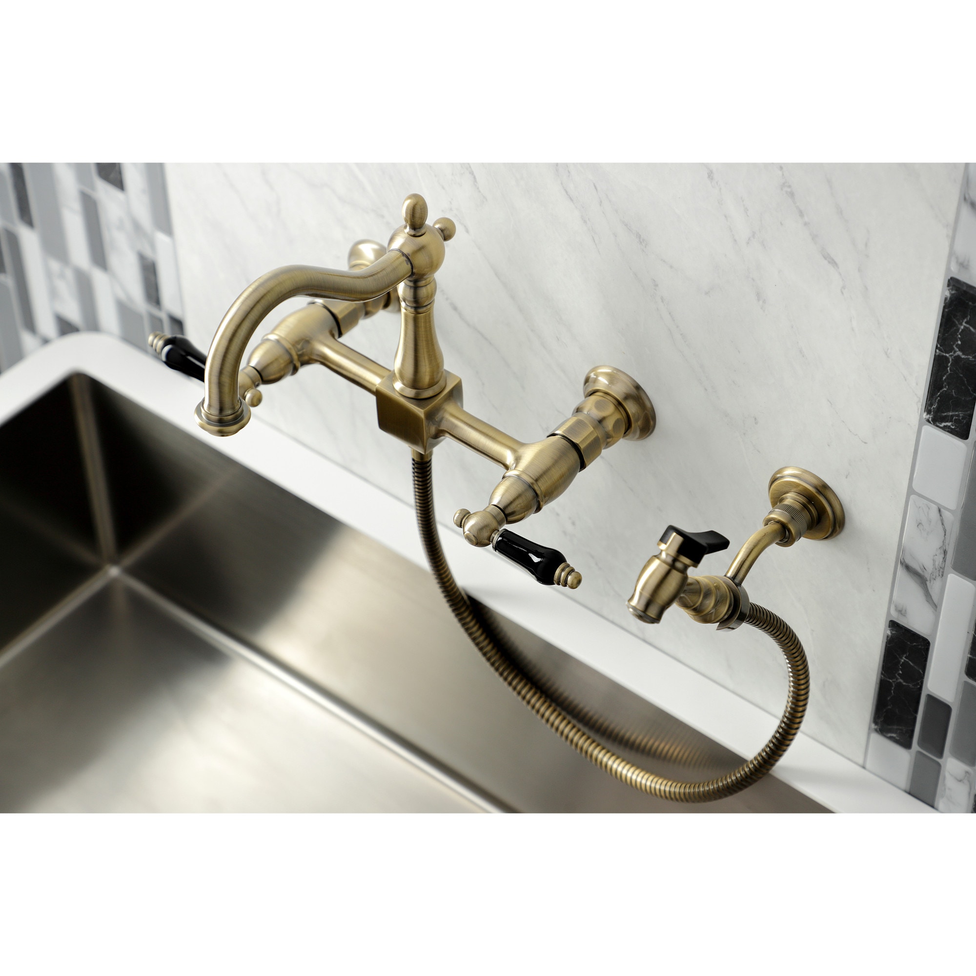 Kingston Brass WLKS1263PKLBS Duchess Antique brass Double Handle Wall-mount Kitchen Faucet with Sprayer ( Side Sprayer Included )
