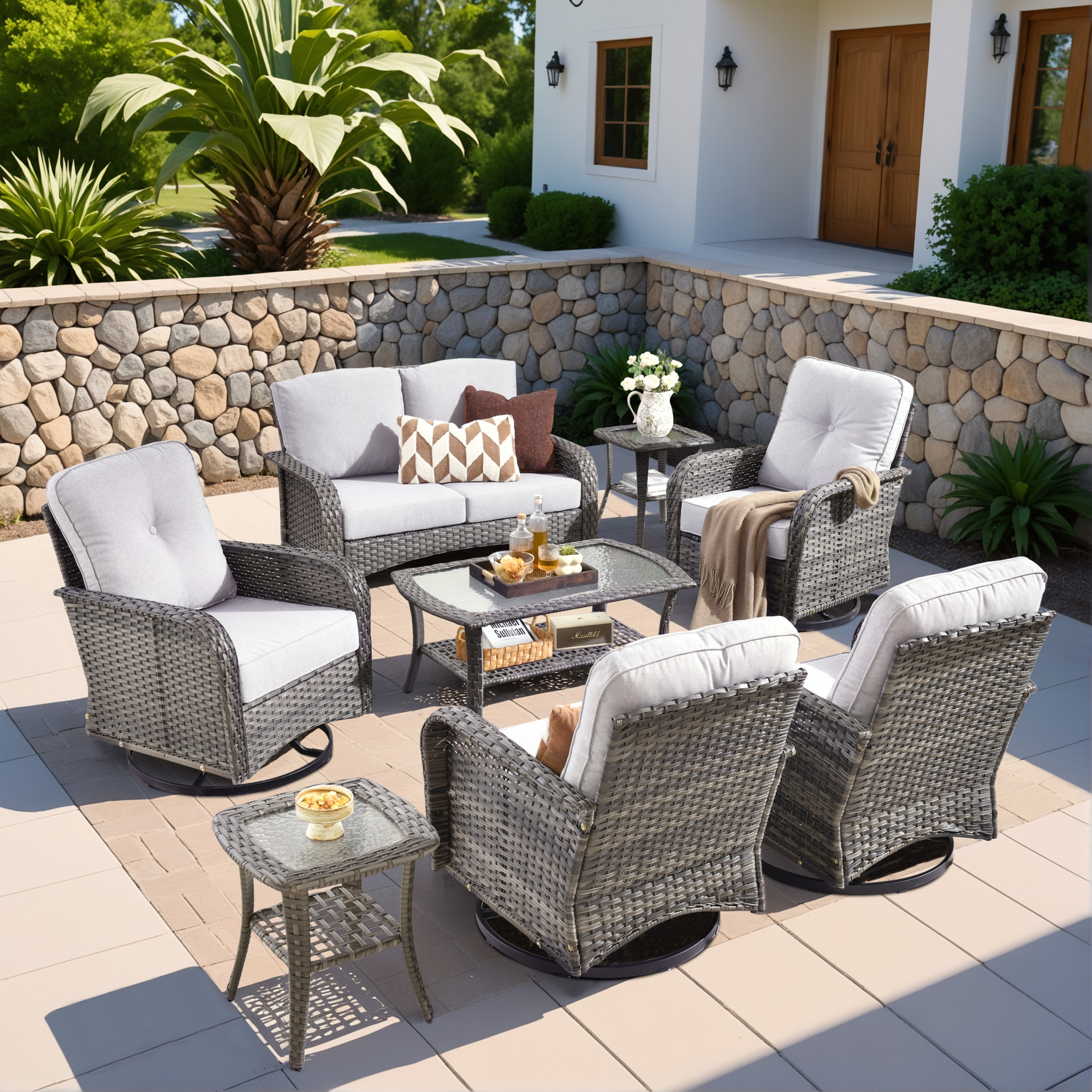 Ovios GN408Y 8 -Piece Rattan Patio Conversation Set with Light Gray Cushions