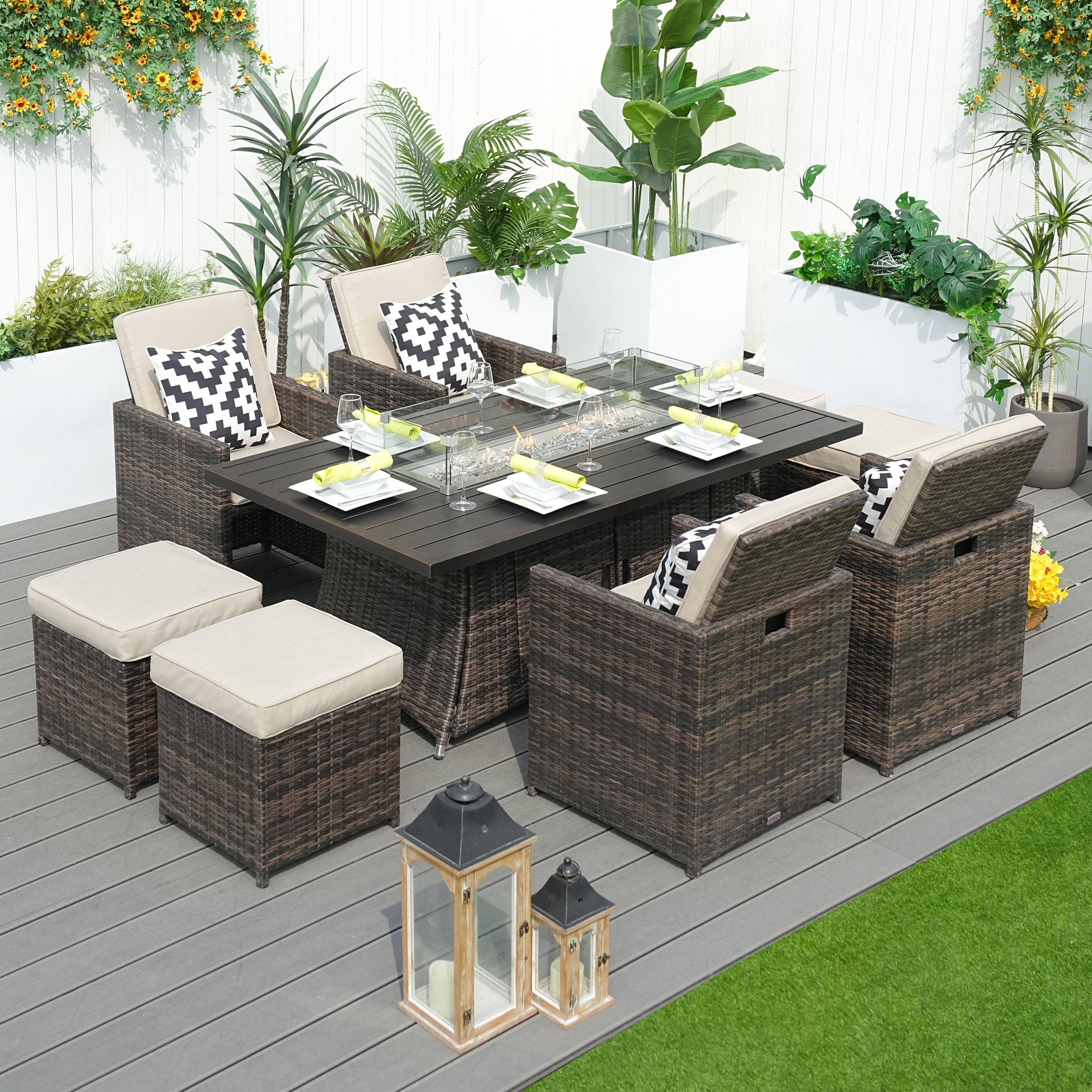 Moda Furnishings 3234-1106RA-B 3234-1106RA-BR 9 -Piece Brown Wicker Patio Dining Set Aluminum Rectangle Table with 4 Brown Cushions Stationary Chairs Fire Pit Included