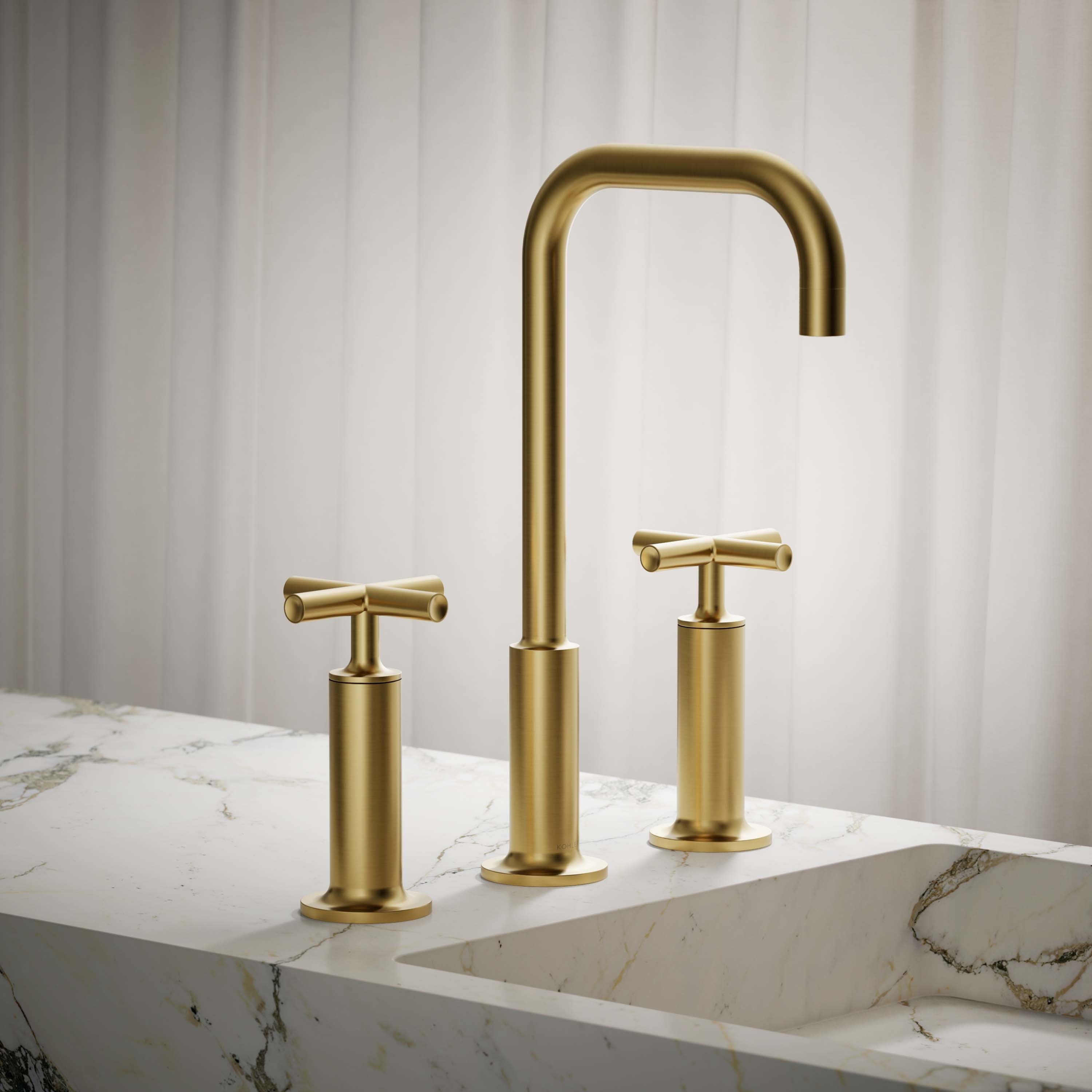 Kohler Purist Vibrant Brushed Moderne Brass Widespread 2 Handle Watersense Bathroom Sink Faucet 0360