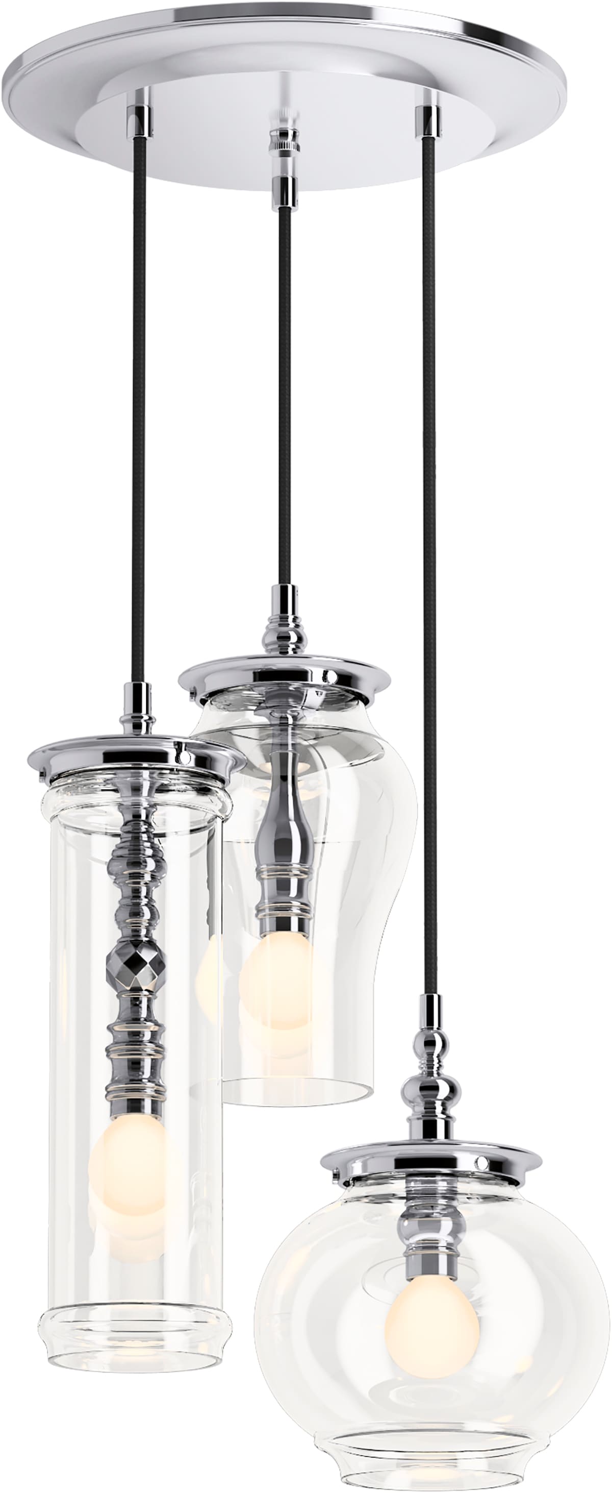KOHLER 23341-PE03-CPL Damask 3 -Light Polished Chrome Traditional Clear glass Cylinder Medium Hanging Pendant light