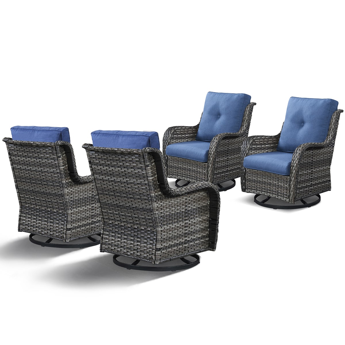 Rilyson FS024-1X2 Curved handrail Set of 4 Wicker Gray Wicker Frame Swivel glider Rocking Chair with Blue Blue Cushioned Seat