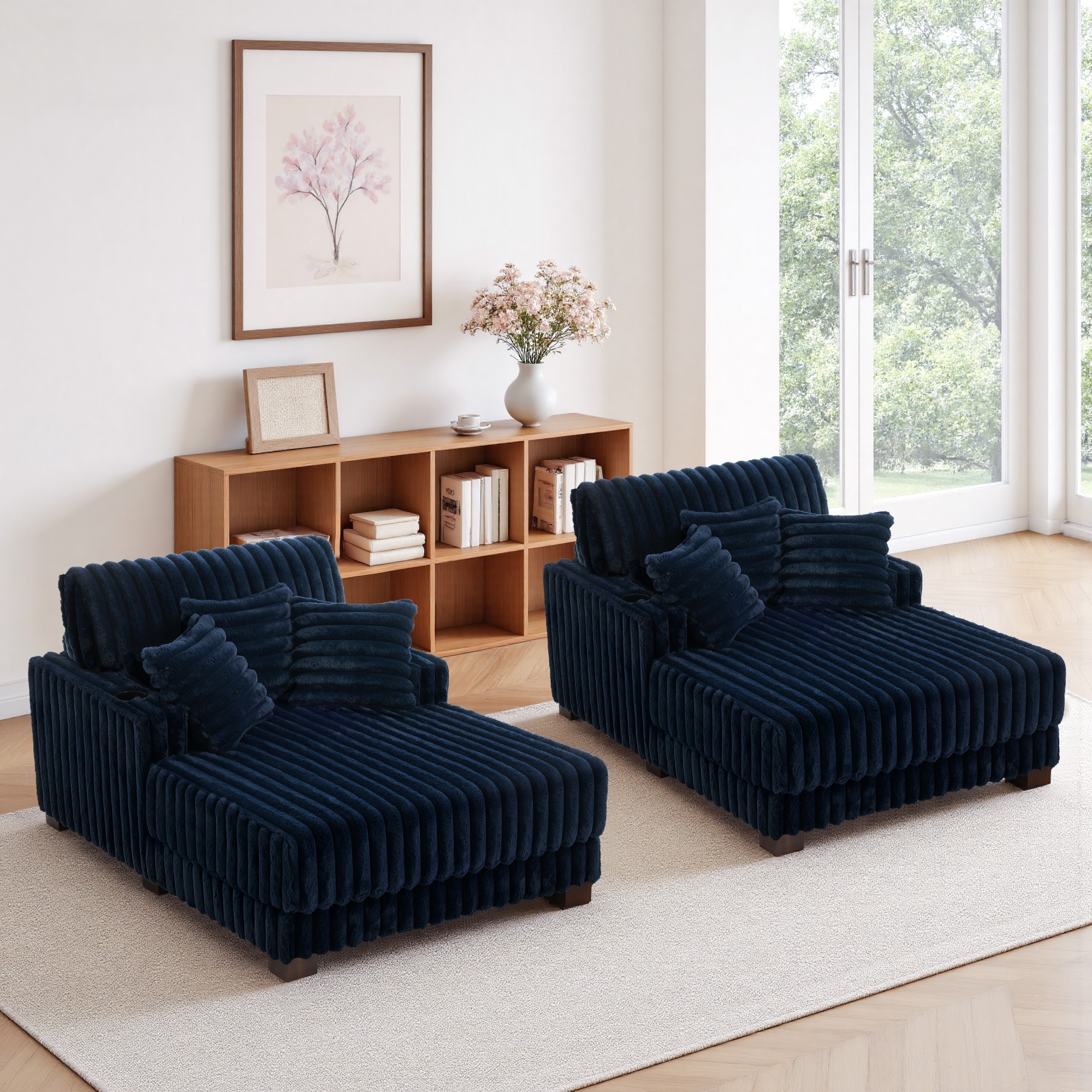 Dreamsidea LS-CH65-RH-NAV-2 59 Inch Chaise Lounge Chair - Wood Metal Frame Oversized Sleeper Sofa with Single Cup Holder for Living Room Bedroom