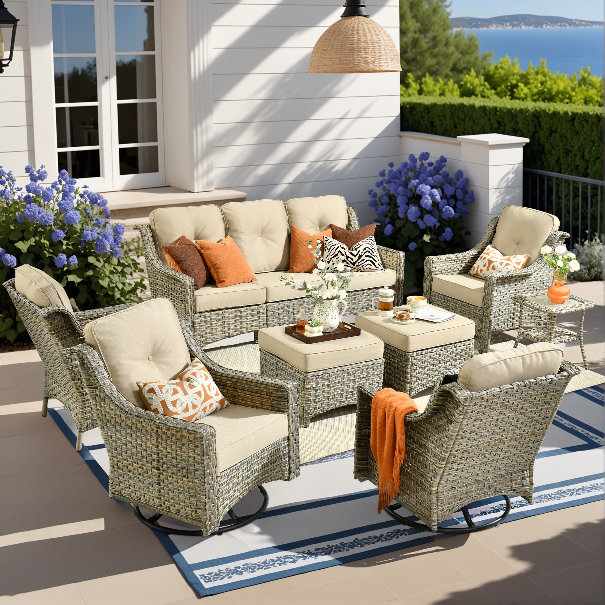 Pouuin SYZPAD608 8 -Piece Wicker Patio Sofa Conversation Set with Beige Cushions