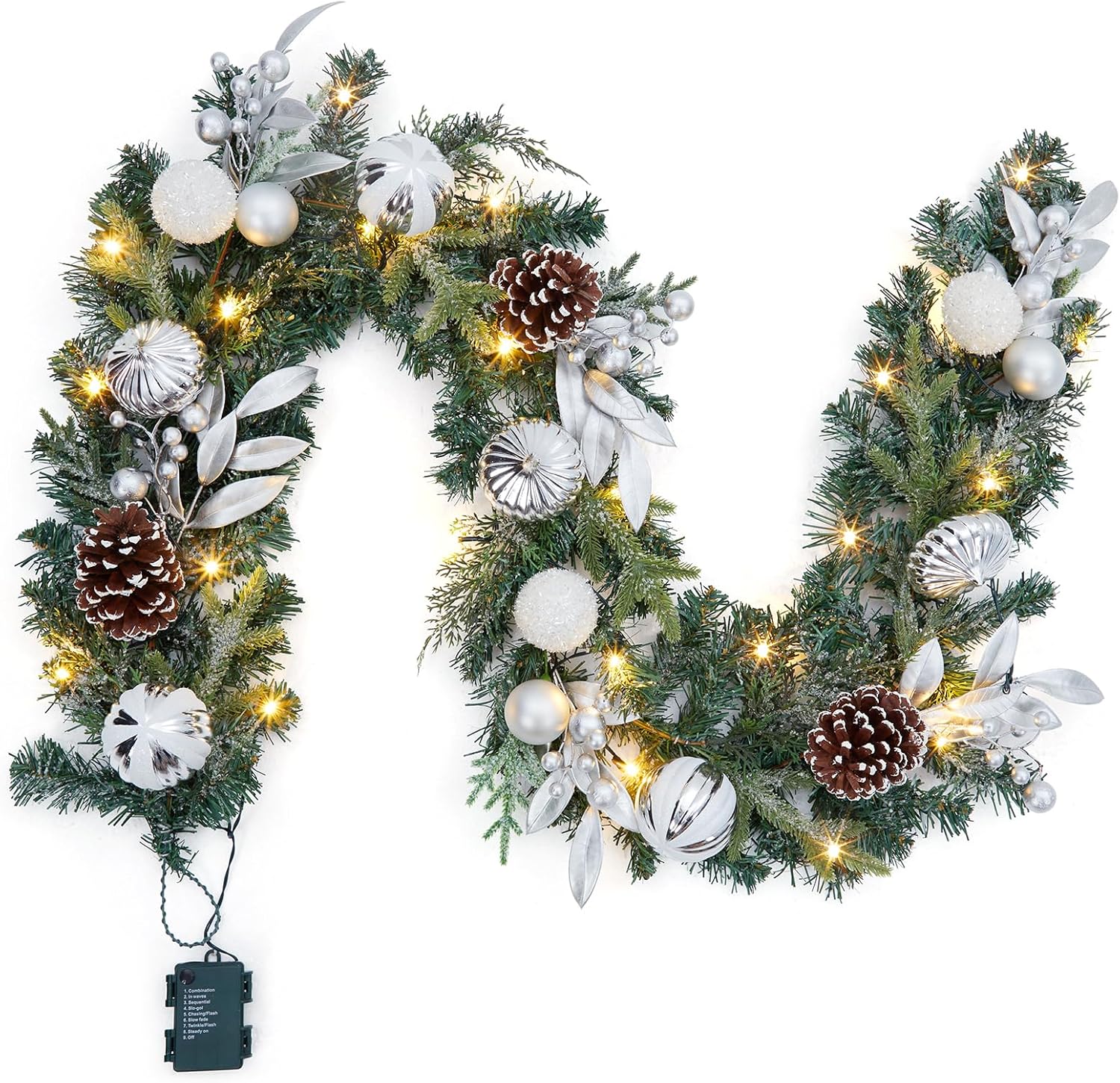 GMC 6 Feet Christmas Garland with Lights for Mantle Lighted Battery Operated Xmas Garland with Silver White Balls Pine Cones for Indoor Outdoor Fireplace Stair Railing Holiday Decor