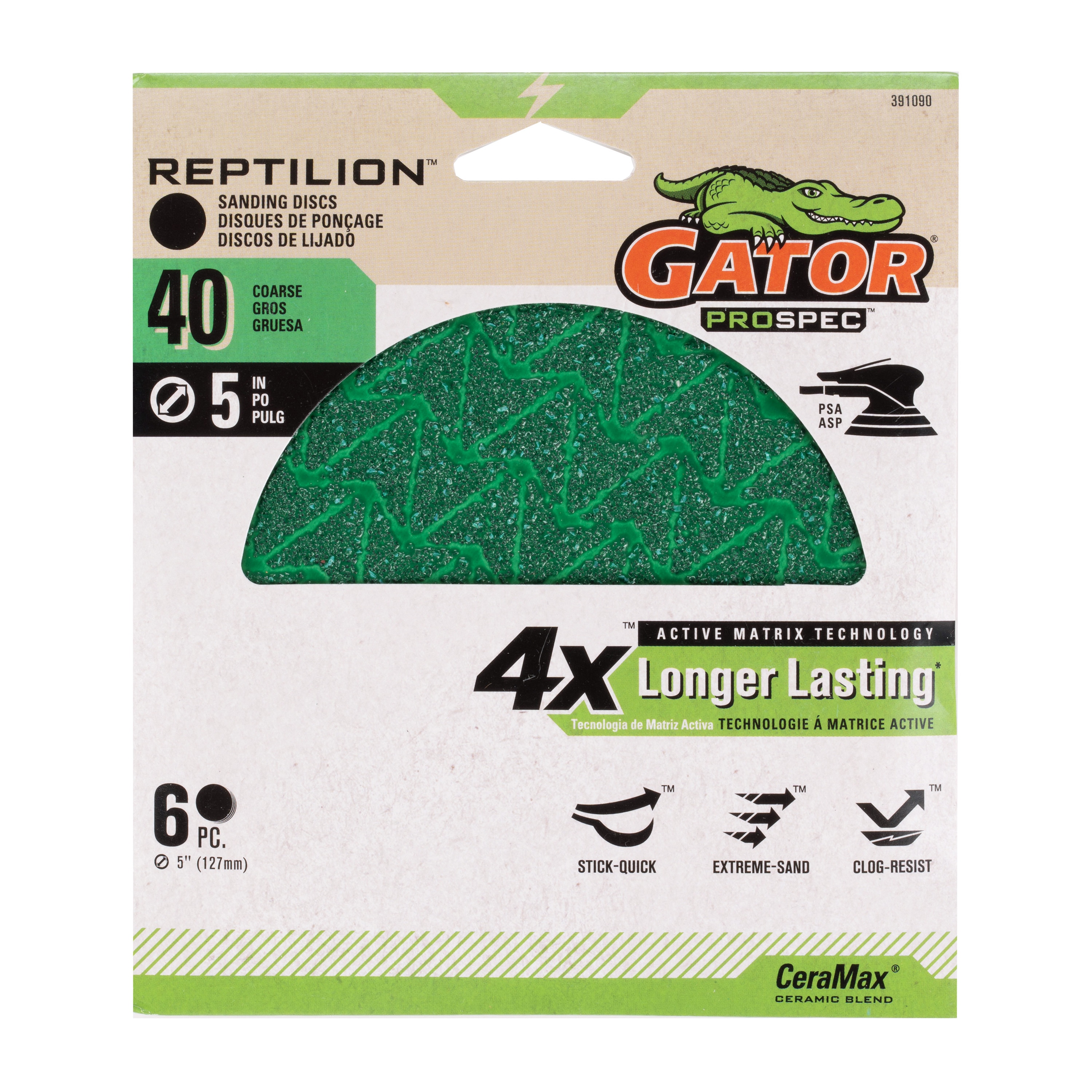 Gator 391090 Reptilion PSA 6 -Piece Ceramic alumina 40 -Grit Disc Sandpaper