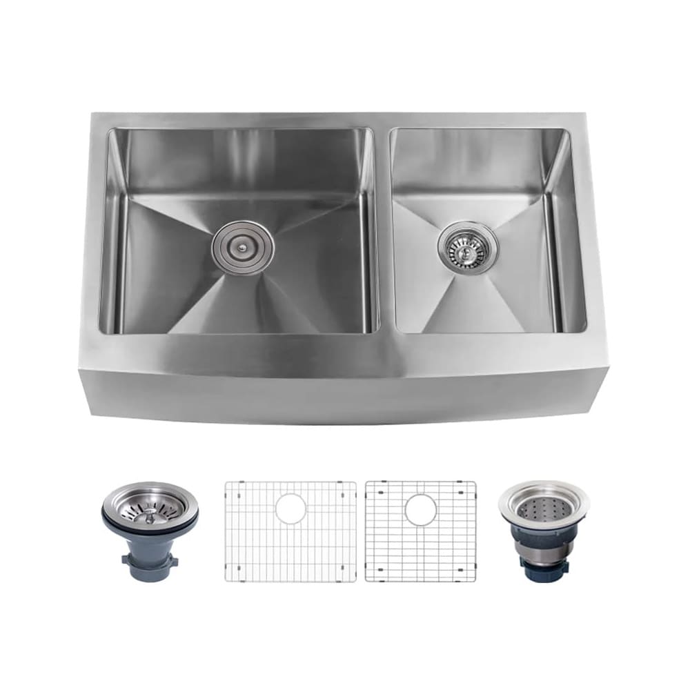 Farmhouse Apron Front 35.875-in x 20.75-in Stainless Steel Double Offset Bowl Kitchen Sink | - Miseno MNO163620F6040