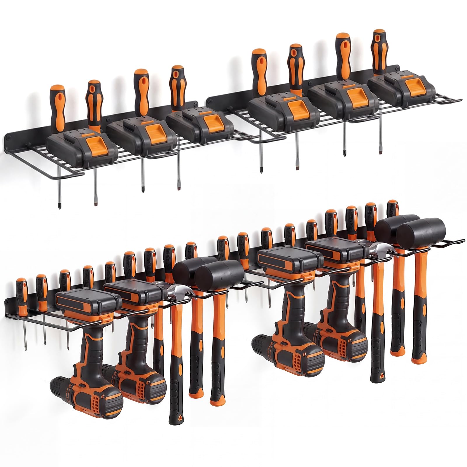 UUDULY  2 Set 4 Pack Power Tool Organizer with Charger Shelf Wall Mount Drill Holder Garage Storage Shelves Heavy Duty Metal Tool Rack for
