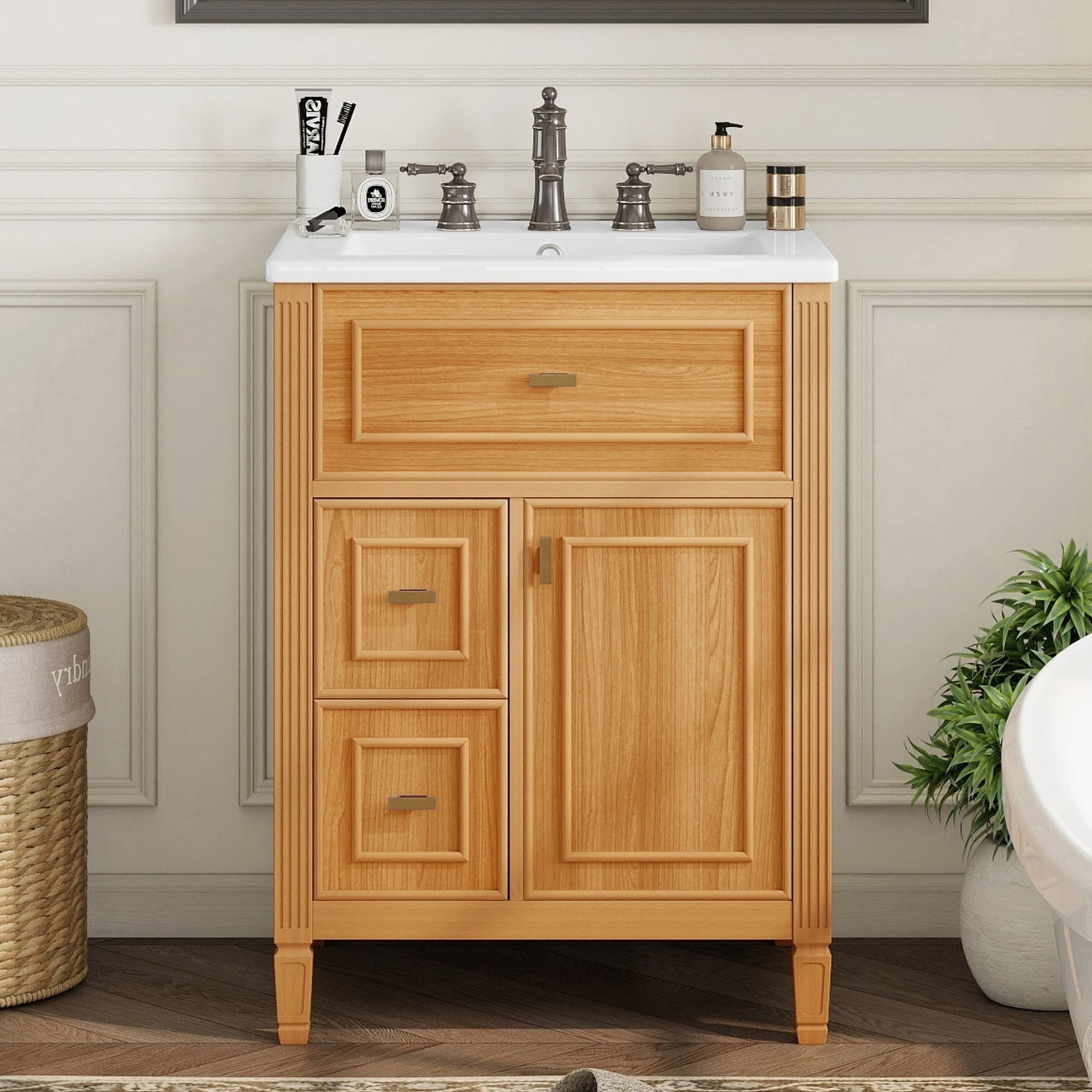 LOVMOR SF-J-N725P350848N 24in Bathroom Vanity with Sink Bathroom Vanity Cabinet with One Flip Drawer and Two Drawers Adjustable Shelf Solid Wood and MDF Wood