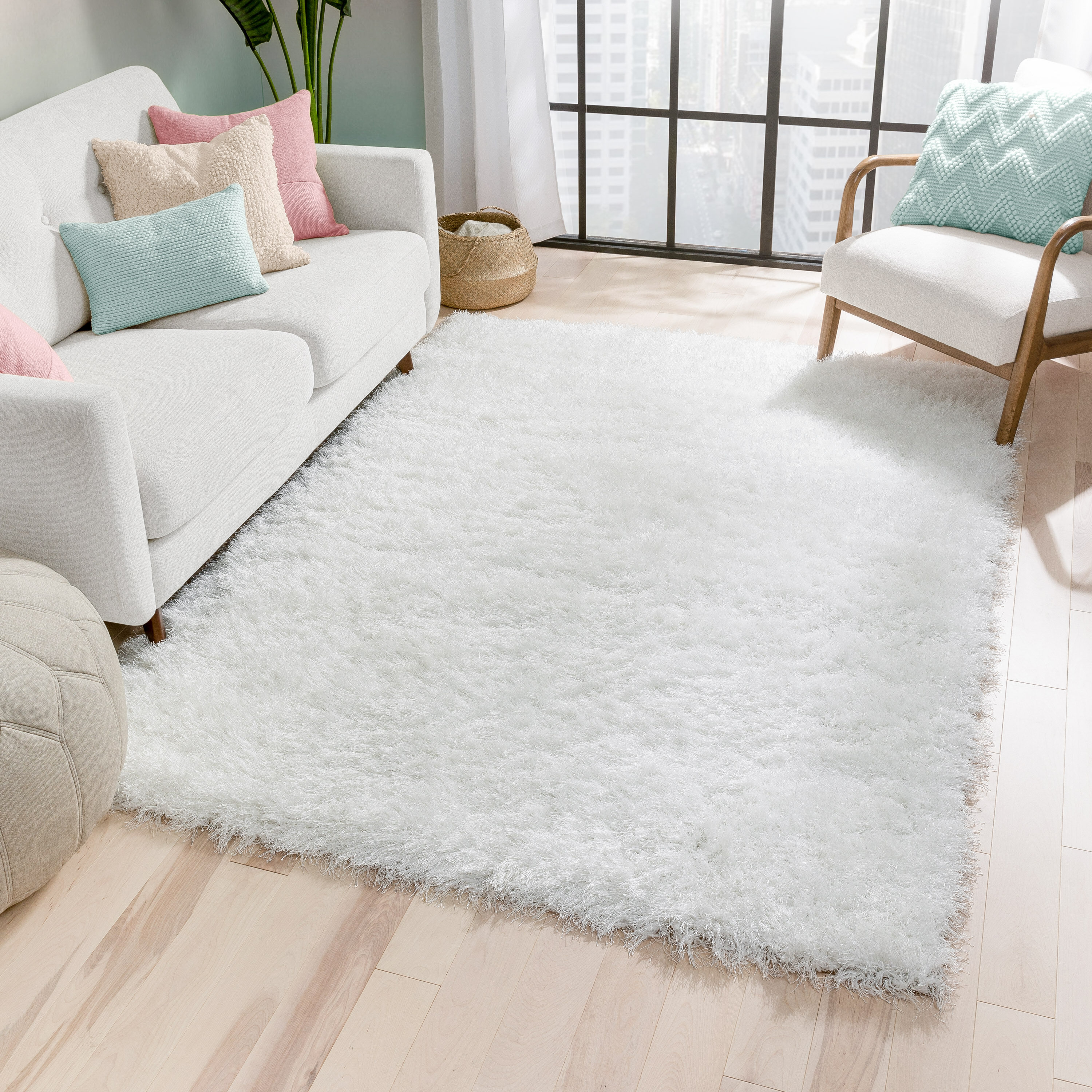 Well Woven KU-11-7 8 x 10 (ft) Loomed Polyester White Rectangular Indoor Solid Mid-Century Modern Area rug