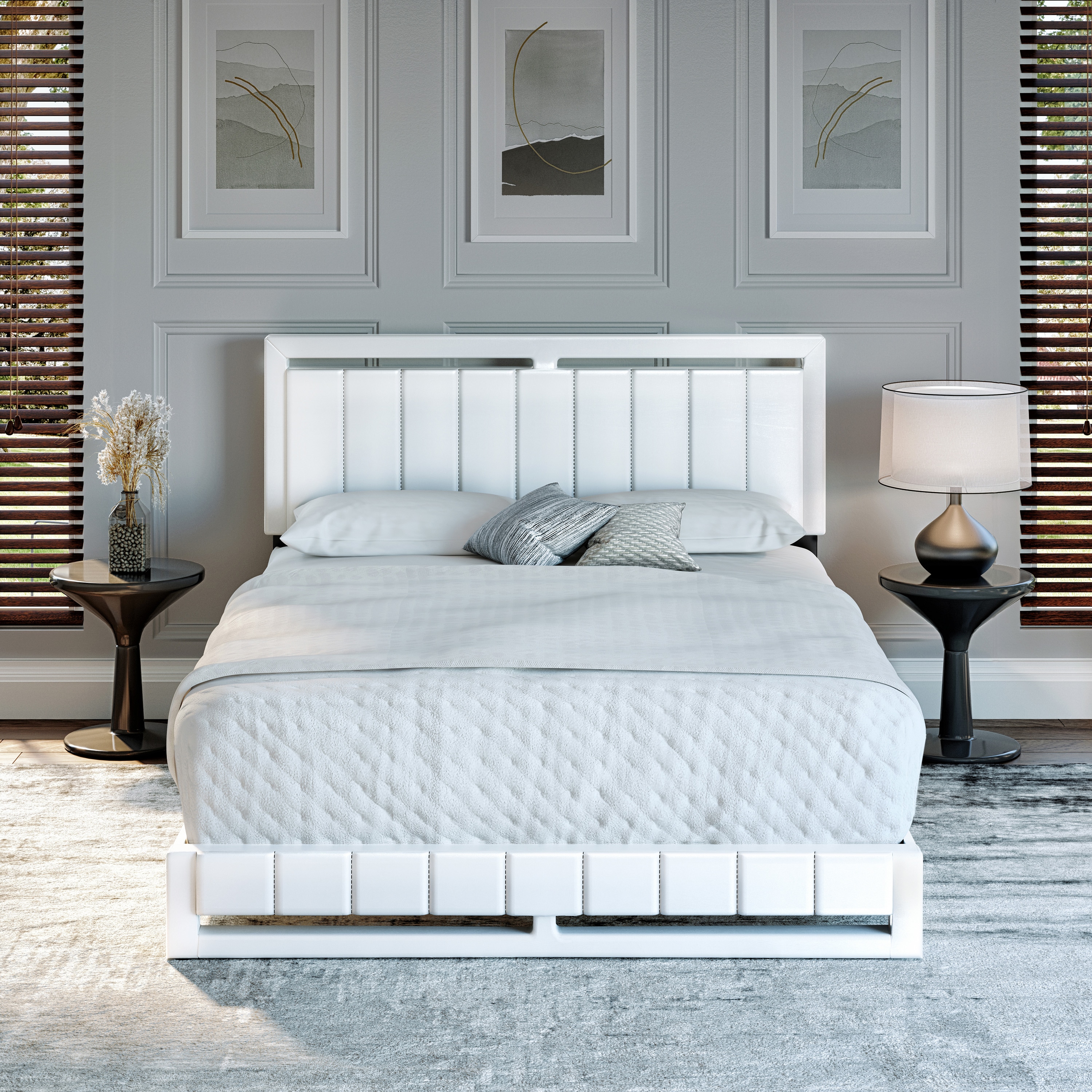 Boyd Sleep HC201601404 Beaumont Leatherette Upholstered Platform Bed Frame with Headboard- Mattress Foundation with 14 Slat Sturdy Wood Support System- No Box Spring Required