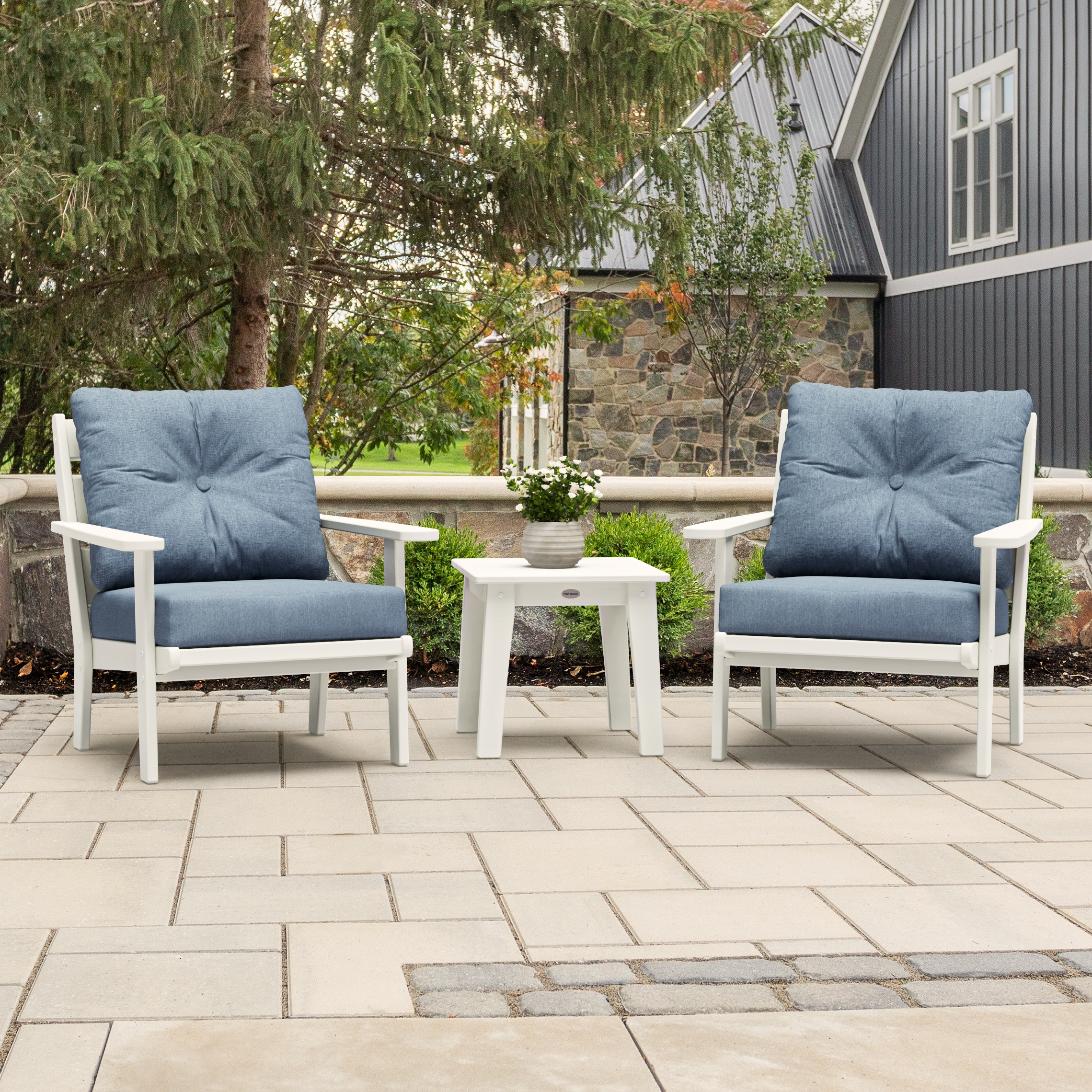 allen + roth by POLYWOOD PWS732-2-WH161147 Oakport 3 -Piece Patio Conversation Set with Light Blue Cushions