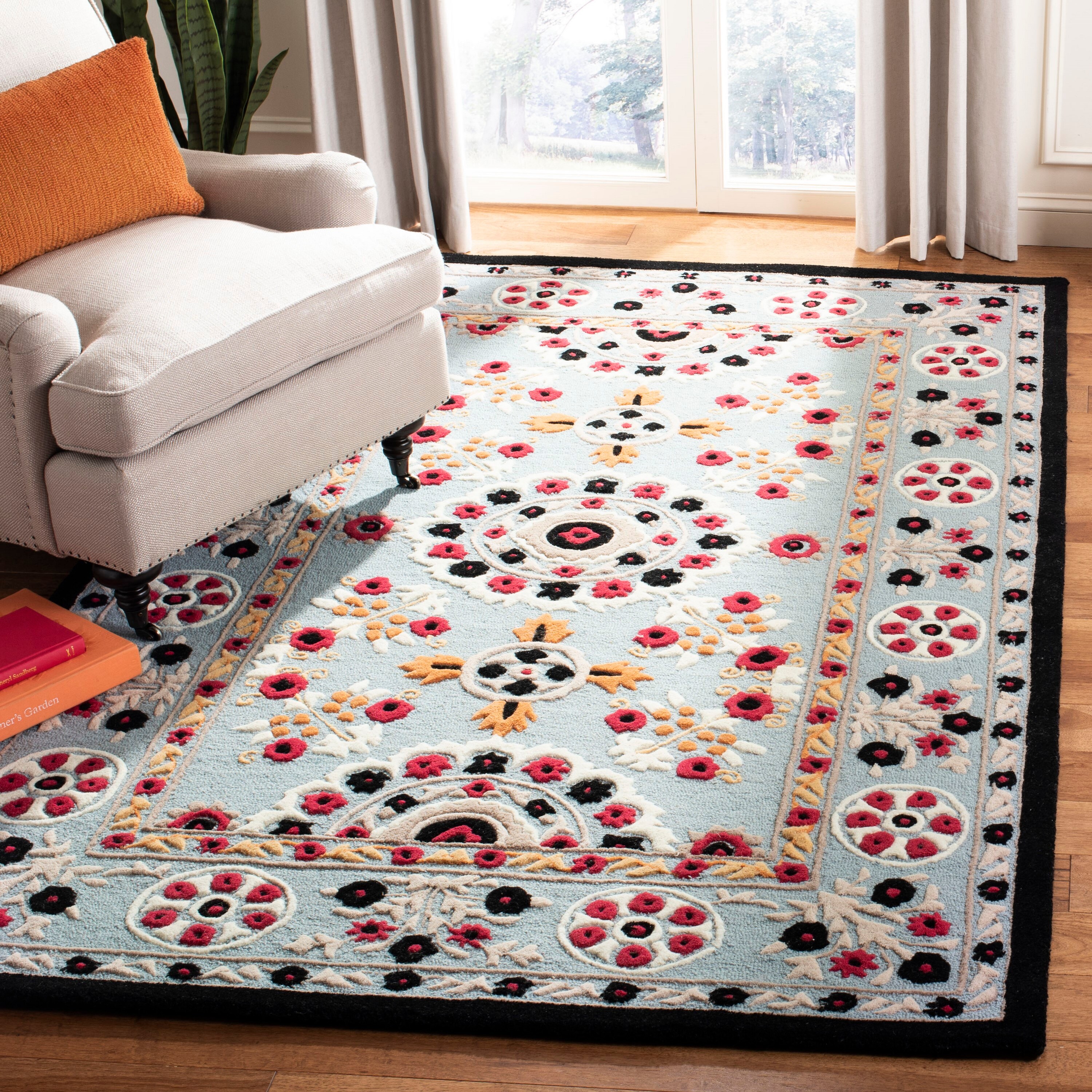 Safavieh BLG628B-8 Bellagio Roble 8 x 10 (ft) Tufted Wool Light Blue/Black Rectangular Indoor Floral/Botanical Farmhouse/Cottage Area rug