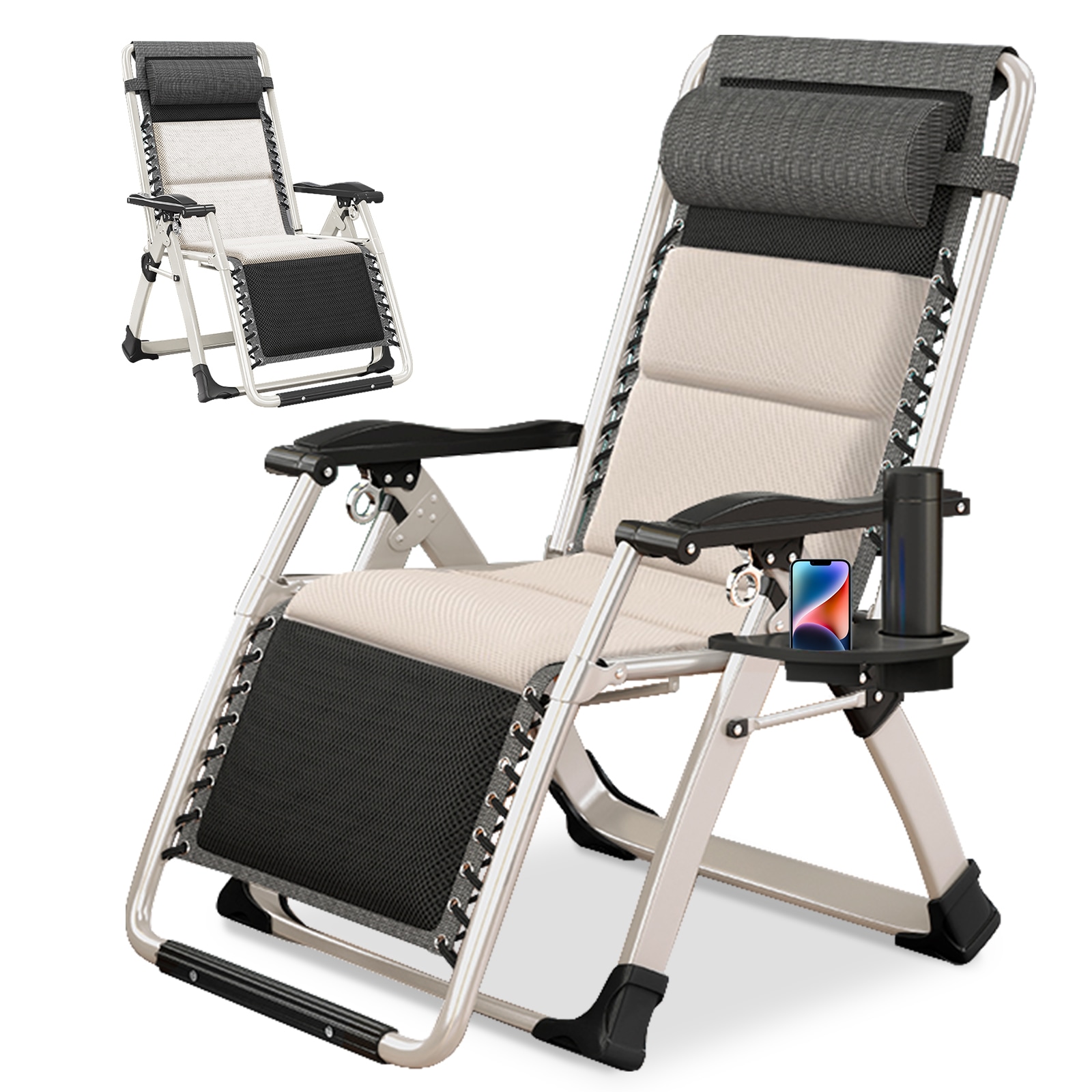 MOONCOOL  Premium Zero Gravity Chair Indoor Outdoor Folding Recliner with Detachable Headrest and Cup Holder Portable Patio Lawn Chaise Lounge White