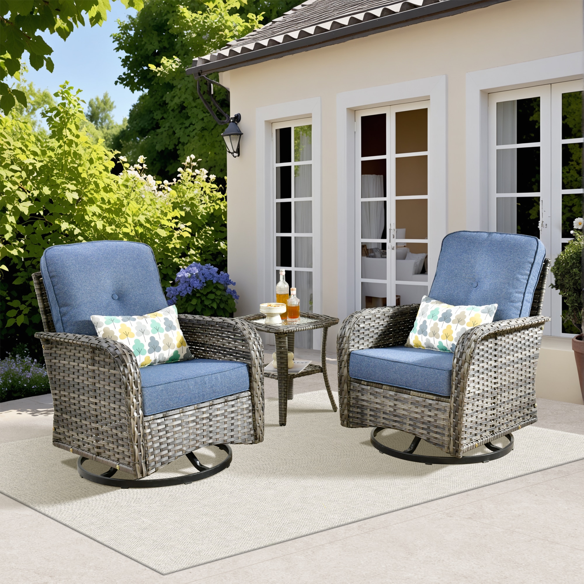 Caodoc L5-GNC303 Golden Rattan Outdoor Sectional with Blue Cushions and Rattan Frame