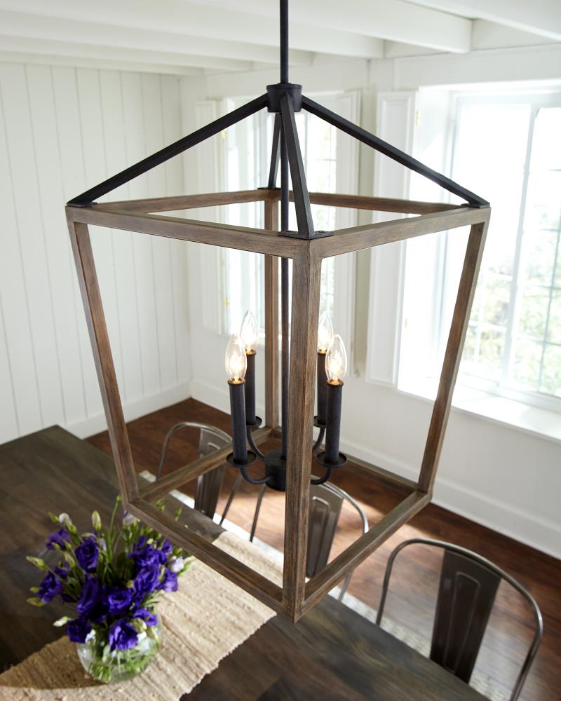 Mini Buford 4-Light Weathered Oak and Forged Iron Candle Chandelier