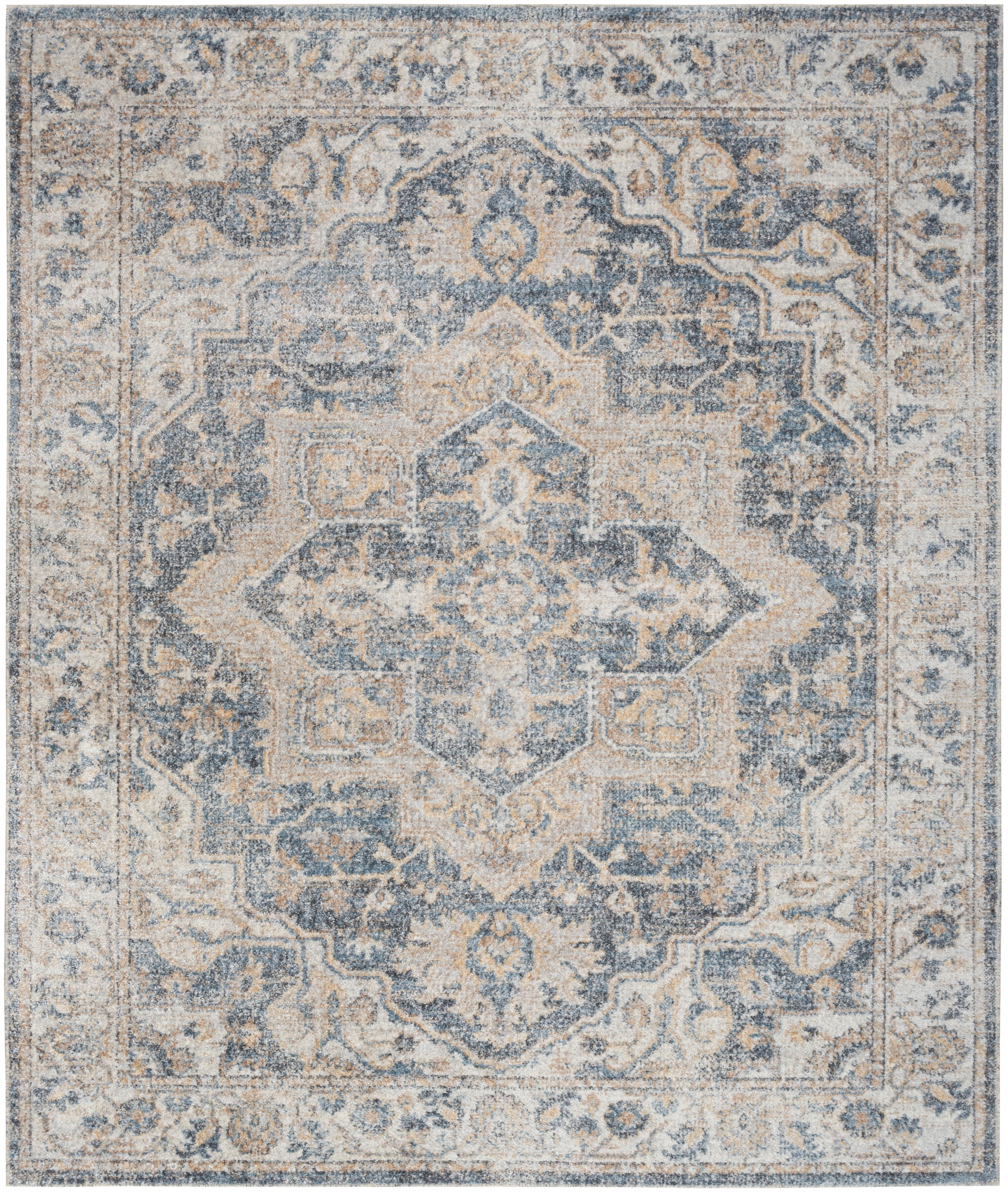 Grey Blue Floral Synthetic 9' x 12' Washable Area Rug