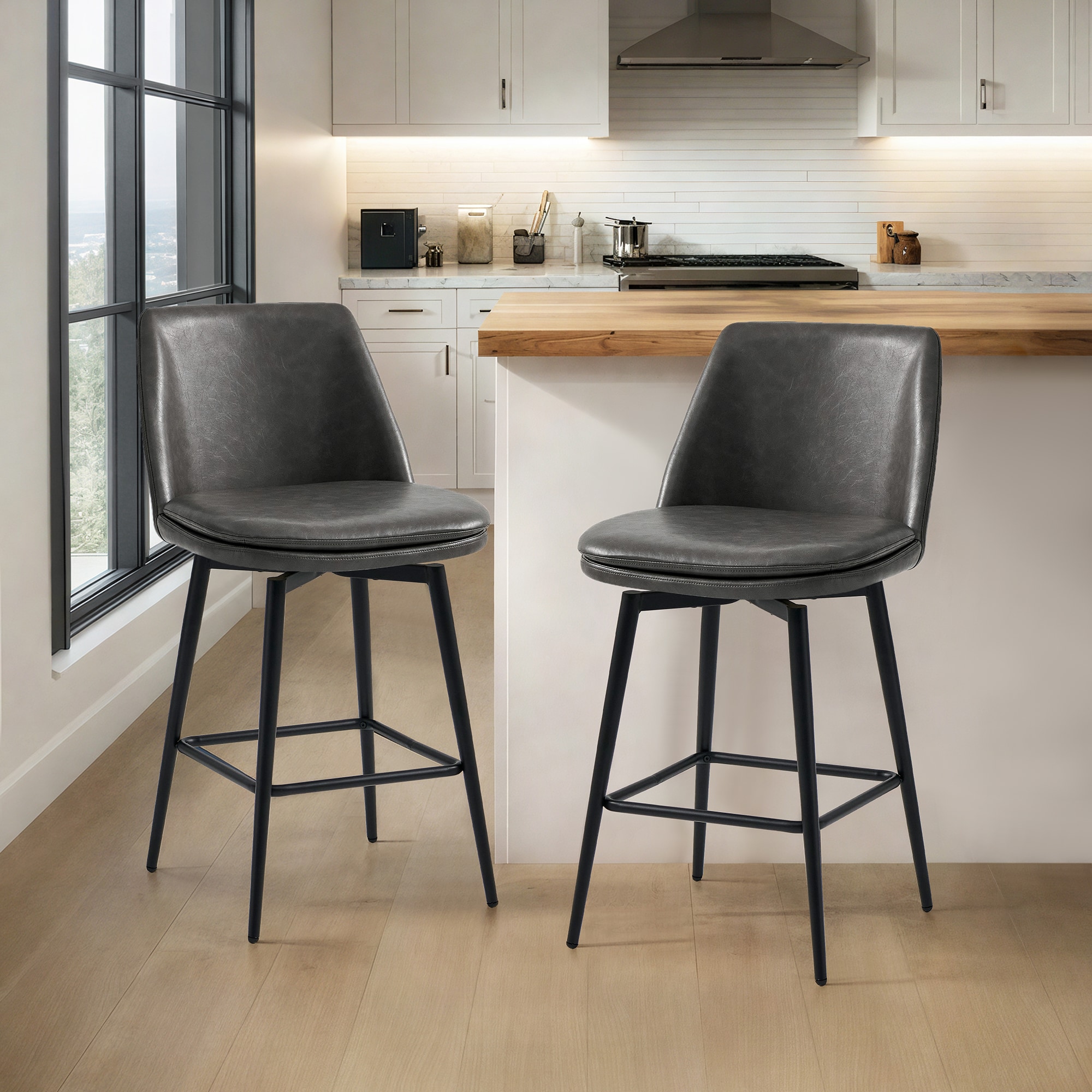 Circle 55 LWSY2006-PU6016 2 -Set Gray 27-in H Counter height Bucket seat Upholstered Swivel Metal Bar Stool and Back