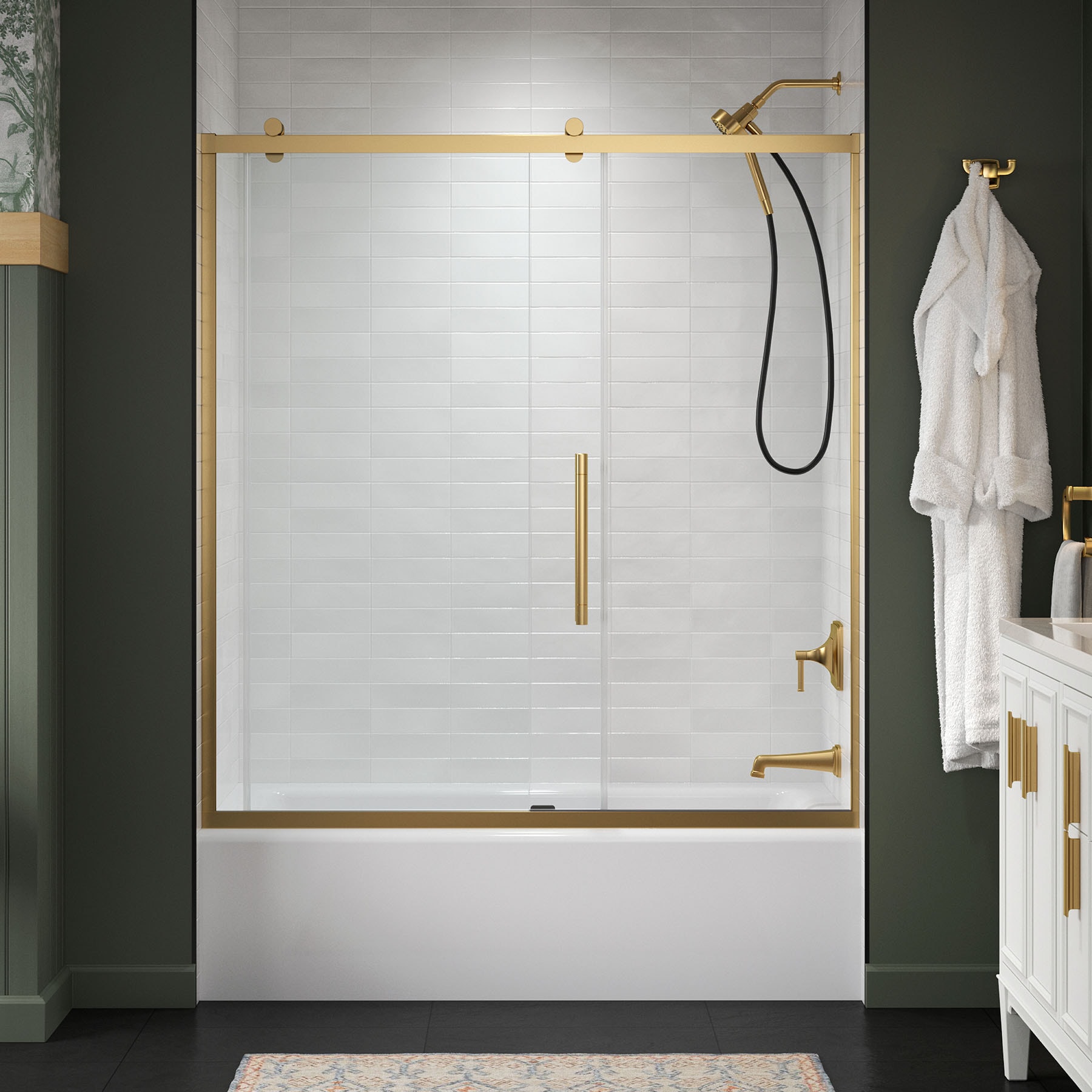 KOHLER 702473-8L-2MB Premise Vibrant Brushed Moderne Brass 56-in to 60-in W x 61.69-Inches H Frameless Sliding Soft Close Bathtub door