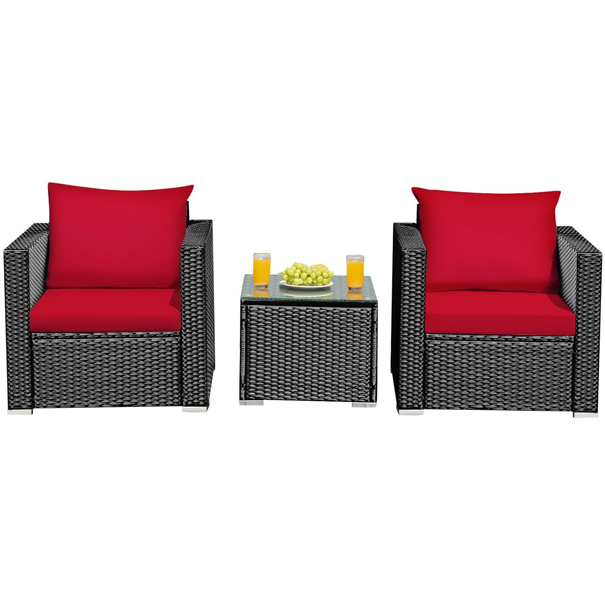 WELLFOR OUGN66529RE+ 3 -Piece Rattan Patio Conversation Set with Red Cushions