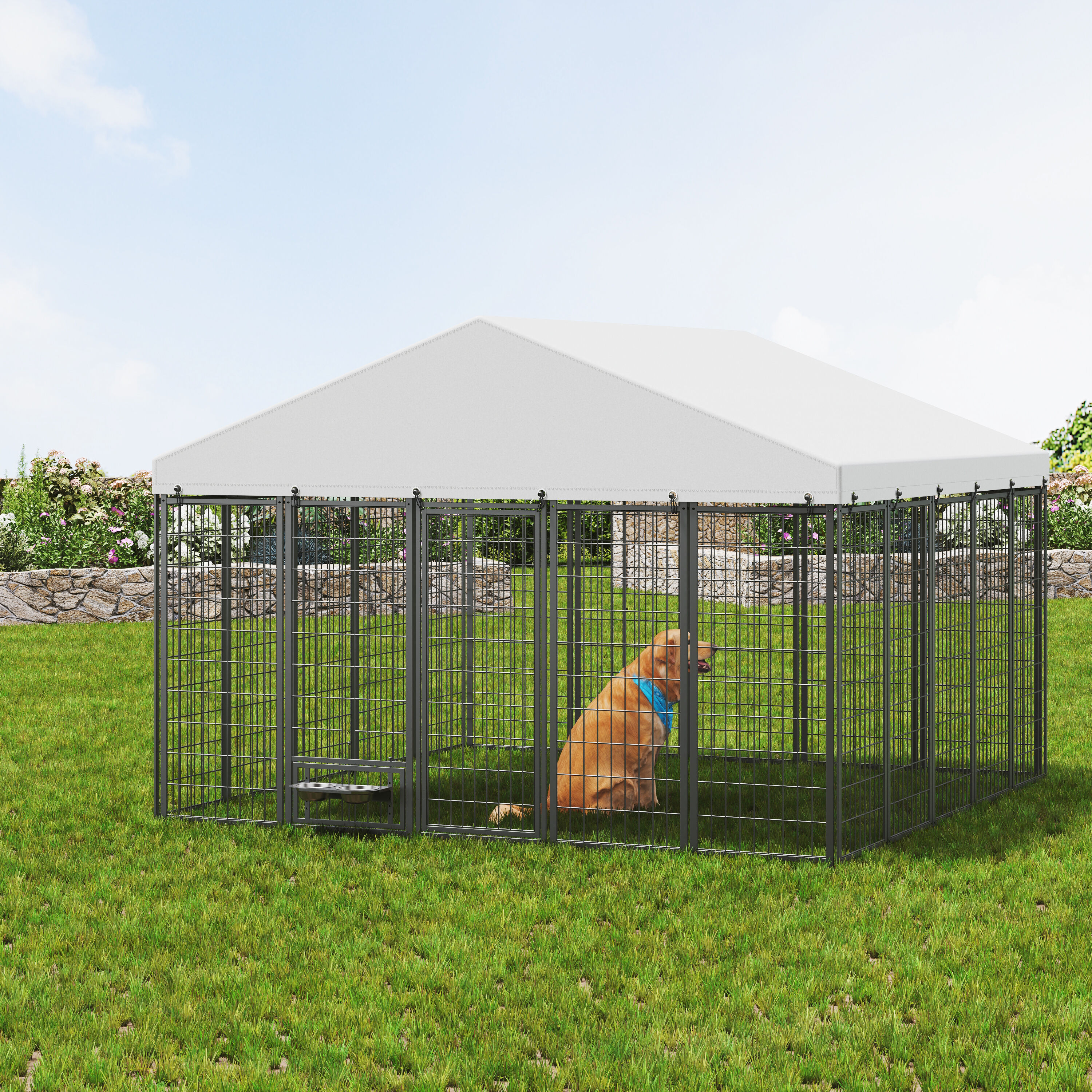 KTMBDW Large Dog Kennel with 2 Rotating Feeder Bowls - Outdoor Dog Enclosure with Roof -Heavy Duty Dog Cage for Medium Large Dogs