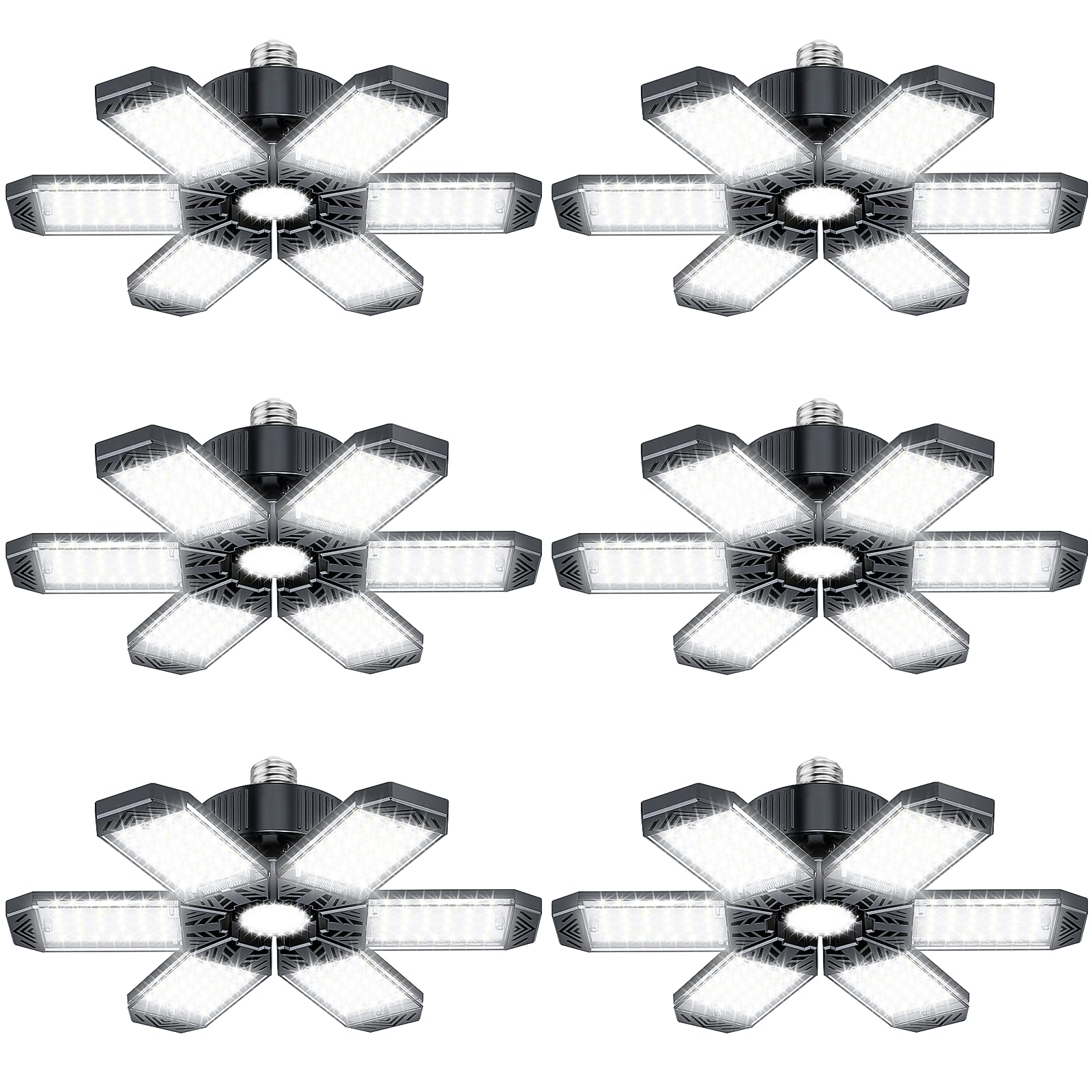AKSCYZM  Garage Lights 6 Pack 200W 20000LM LED Ceiling Light 6500K with 6 Plus 1 Adjustable Panels for E26 E27 Bulb Socket Workshop Basement