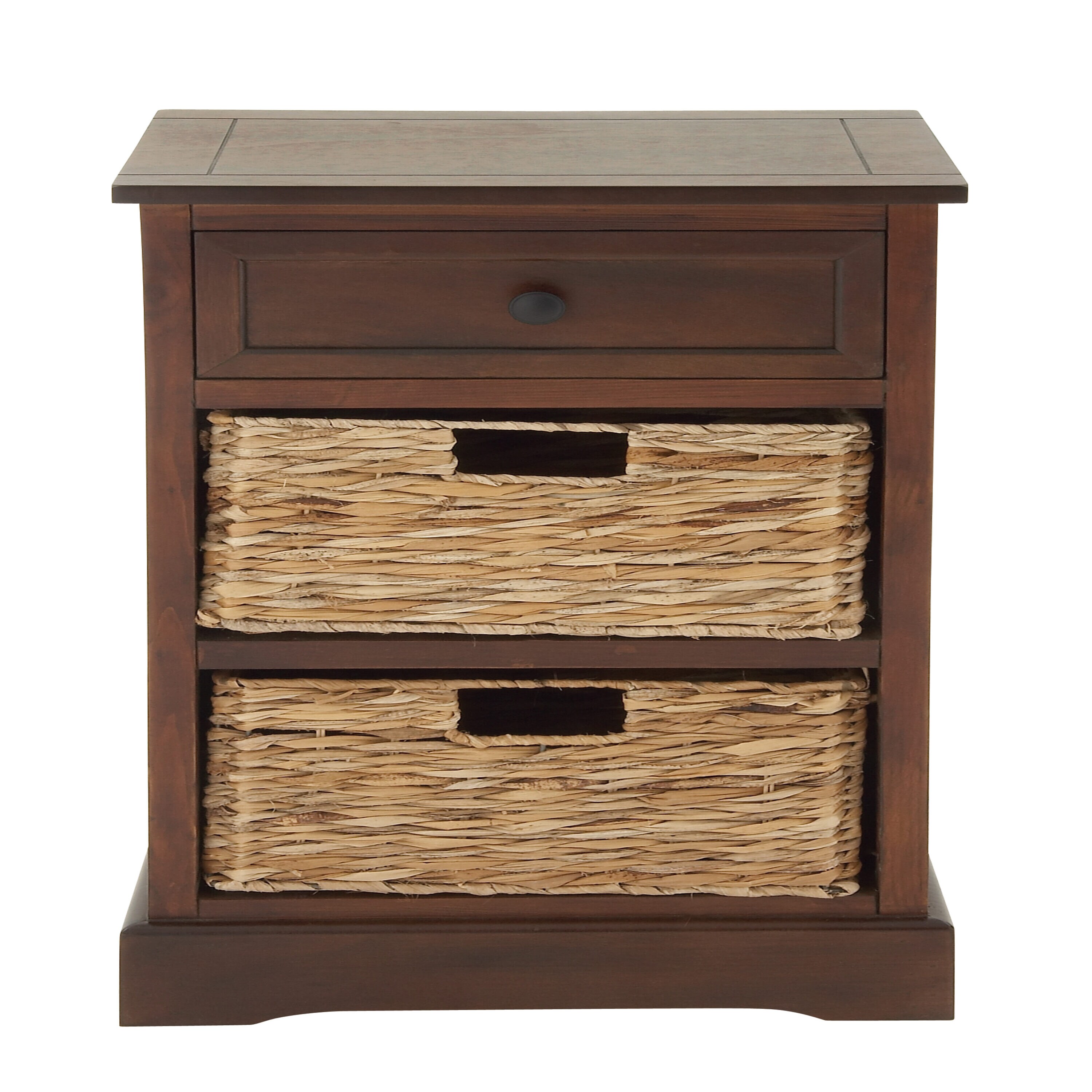 Elegant Brown Wooden Side Chest with Wicker Drawers - 33" x 20.5"