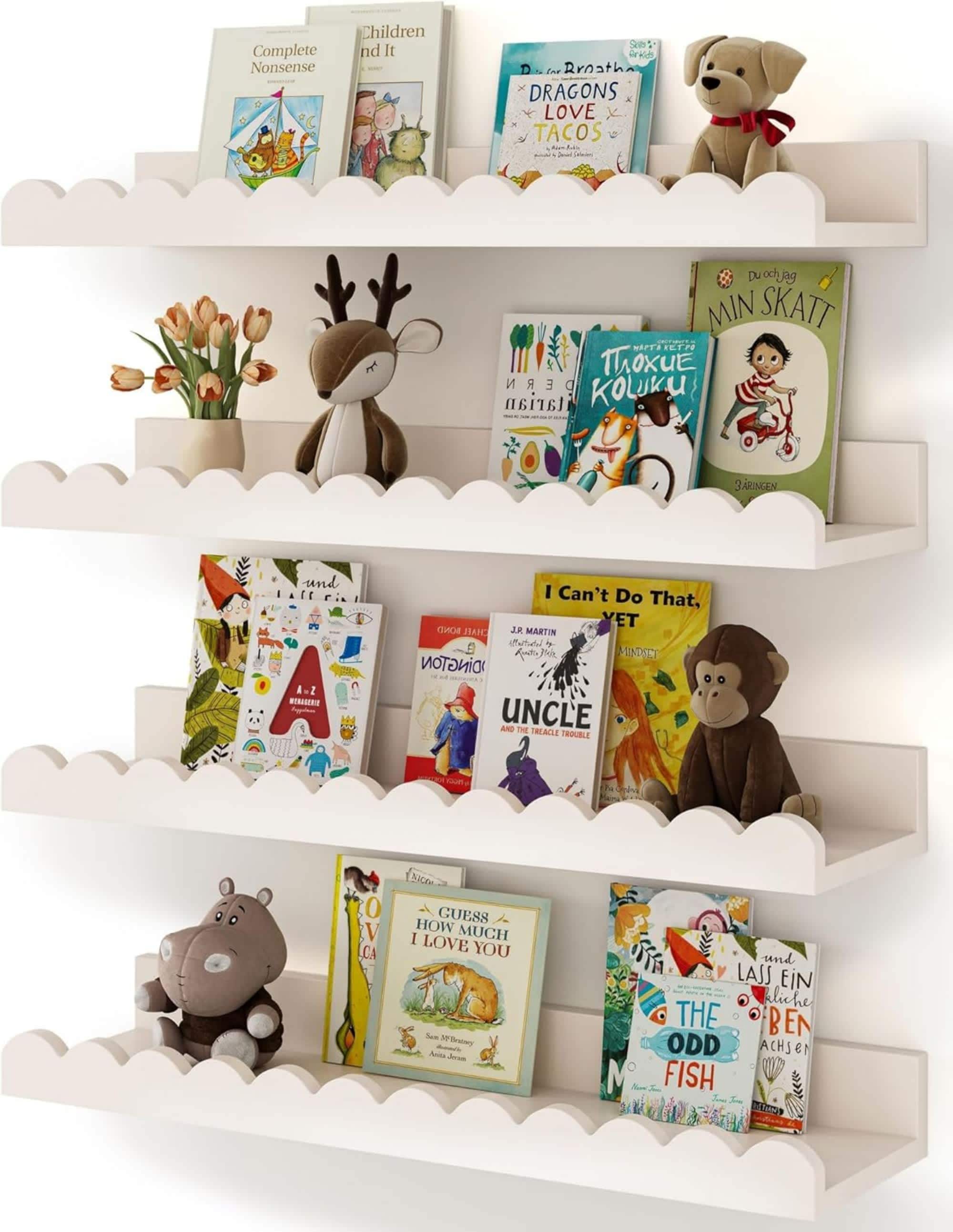 Vintage 664769319508 Nursery Book Shelves 4 Pack White Floating Shelves for Wall Kids Scalloped Shelves Wall Book Shelves for Bedroom Kids
