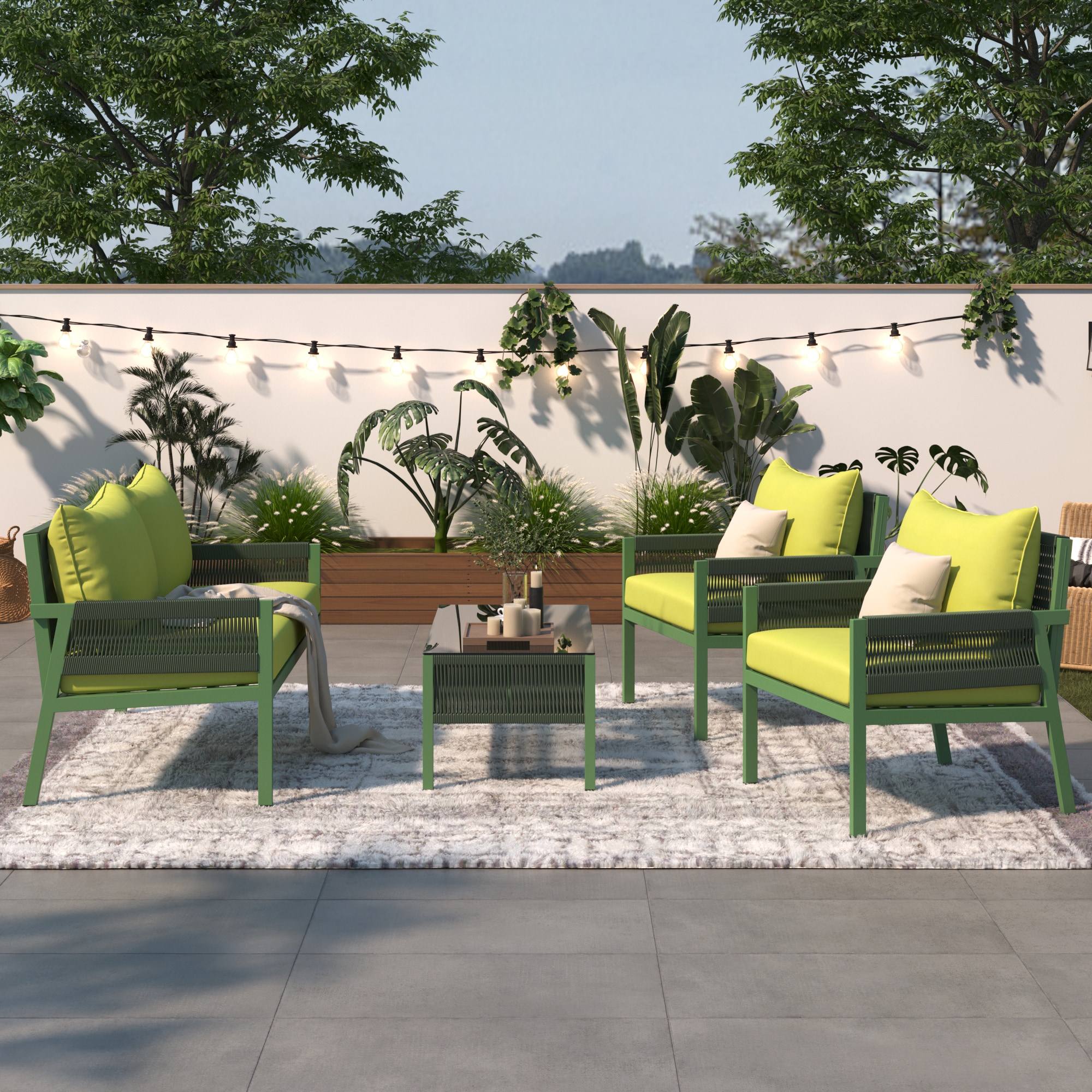 Direct Wicker DWS-SK000003AAE 4 -Piece 3 Patio Sofa Conversation Set with Green Cushions