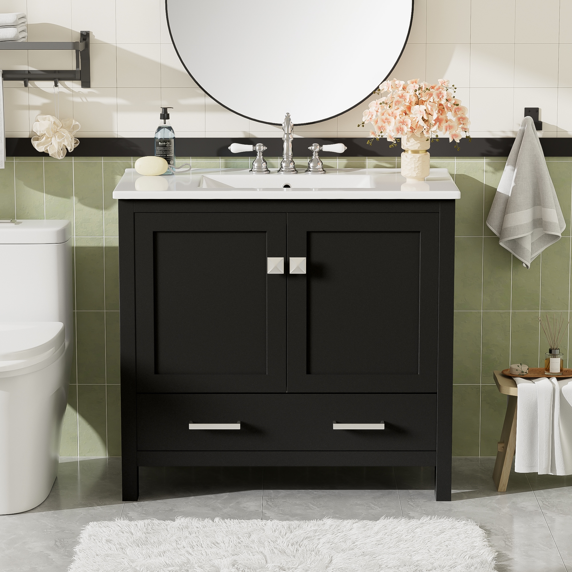 GDFStudio Lily Modern Solid Frame and MDF Board 36-inch Bathroom Vanity with Ceramic Sink and Double Storage Shelves Divided Drawer-Black
